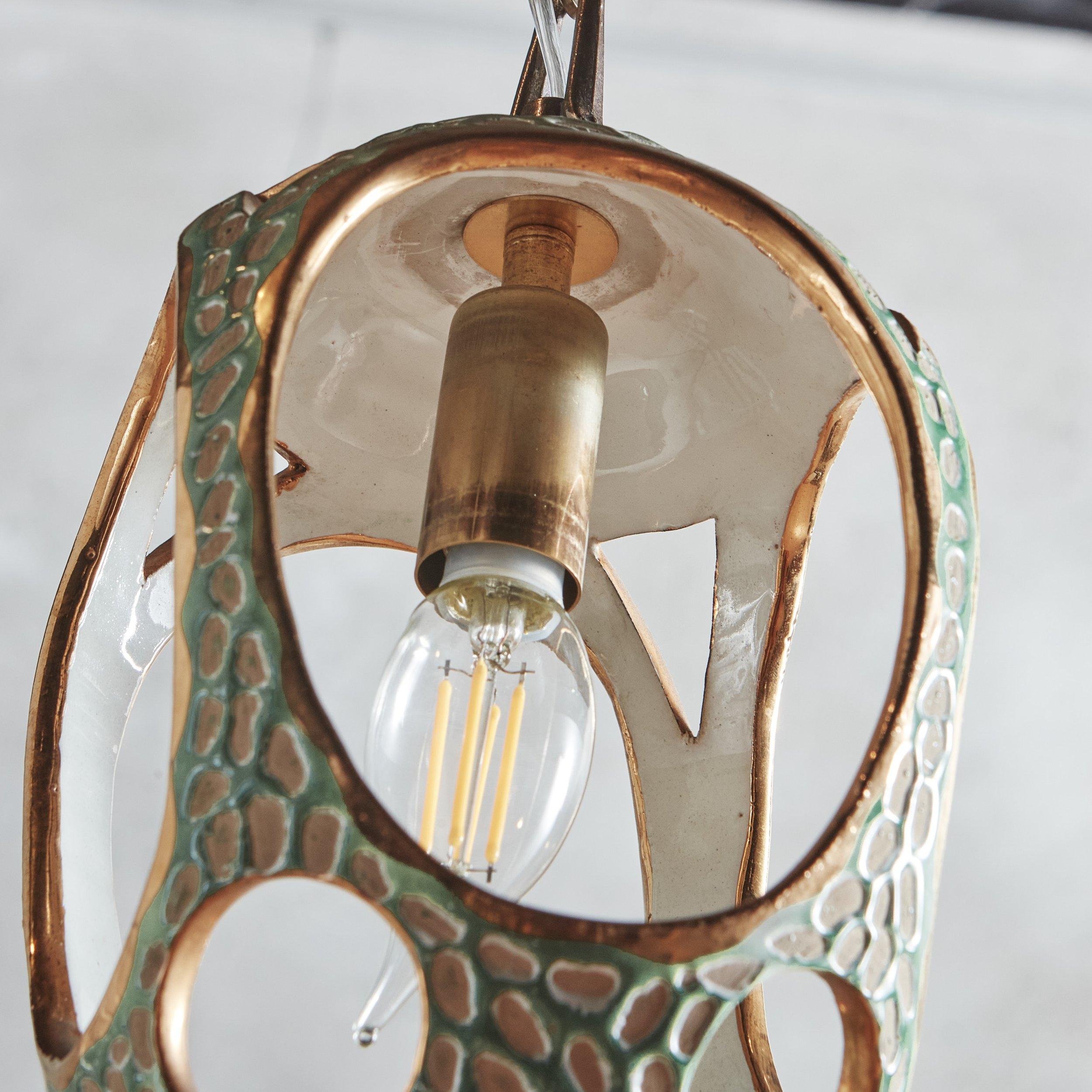 Green Glazed Ceramic Pendant Light by Zenith Gouda, Denmark 1950s In Good Condition For Sale In Chicago, IL