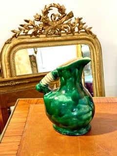 Green Glazed Ceramic Pitcher, Rustic Art Pottery, France c.1900