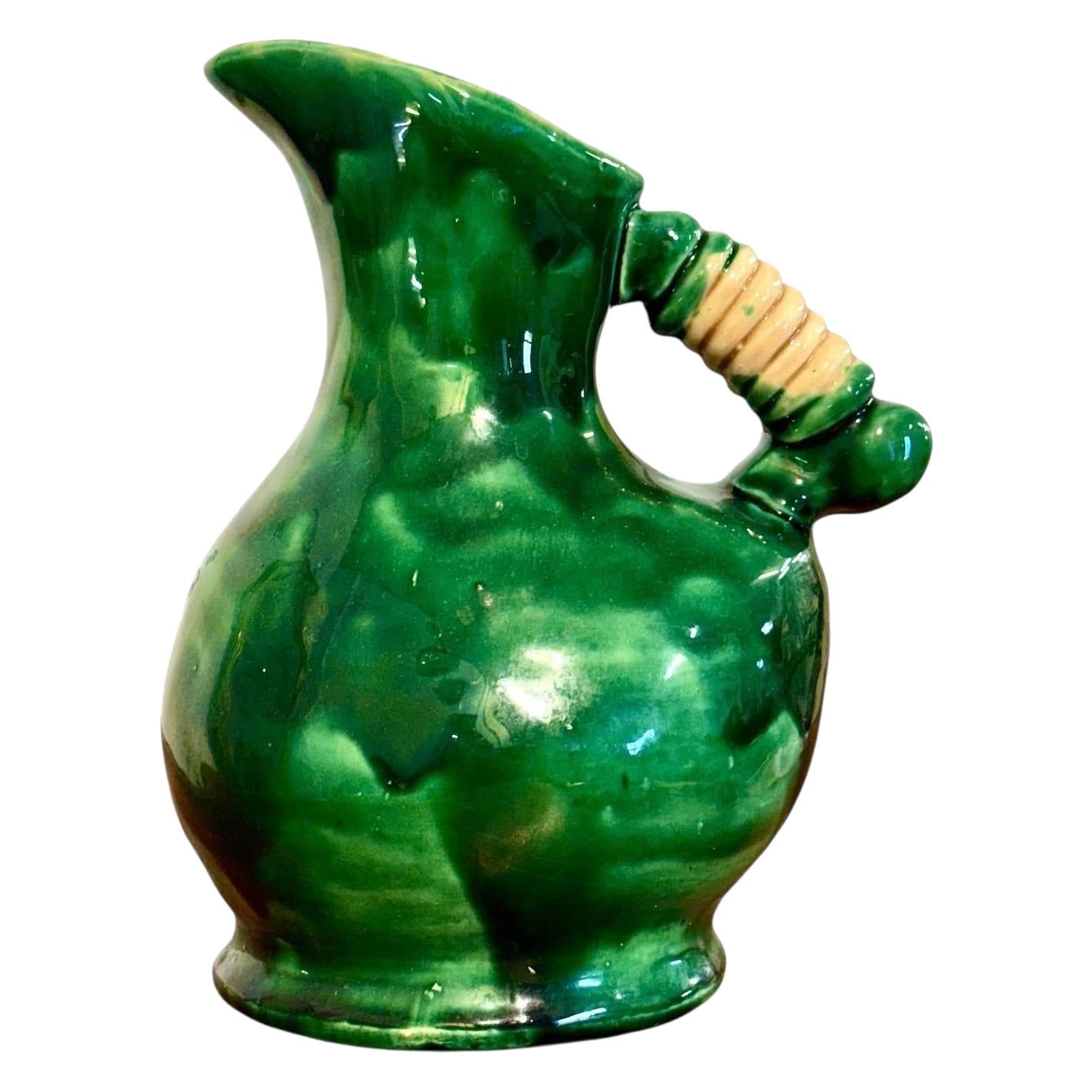 Green Glazed Ceramic Pitcher, Rustic Art Pottery, France c.1900
