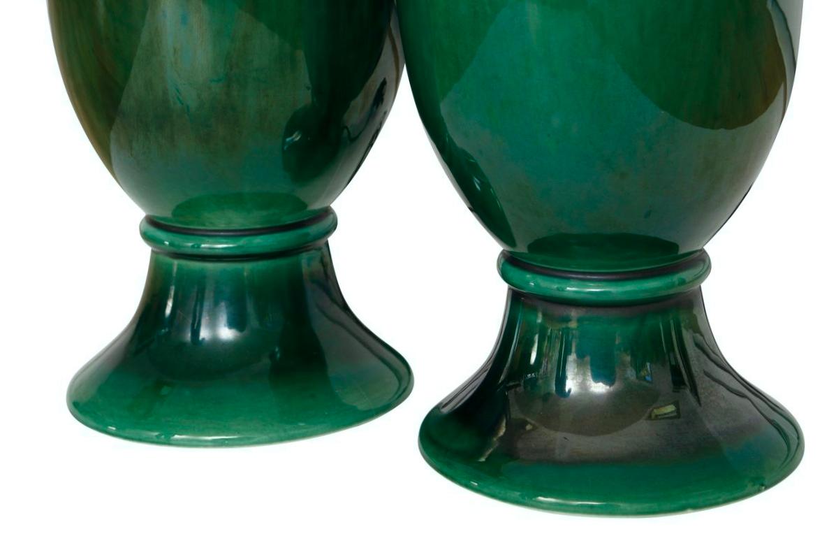 Green Glazed Ceramic Table Lamps, a Pair In Good Condition In Bradenton, FL