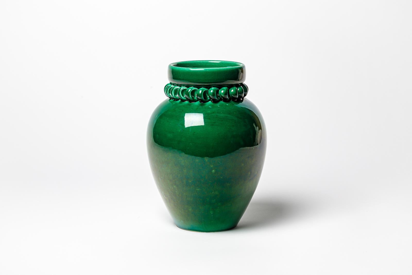 Green glazed ceramic vase by Pol Chambost, circa 1930-1940. In Good Condition For Sale In Saint-Ouen, FR
