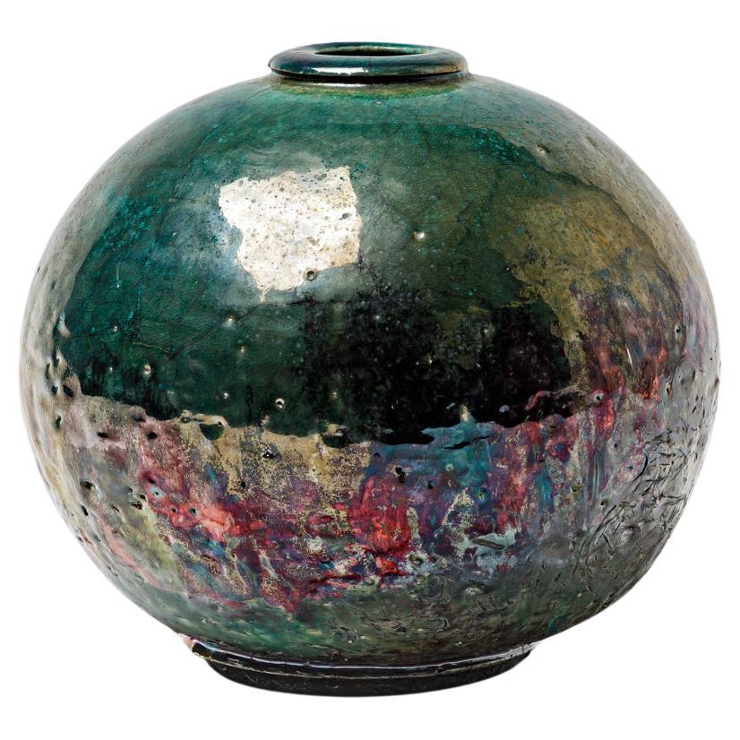 Green glazed ceramic vase with metallic highlights by Gisèle Buthod Garçon, 1990 For Sale