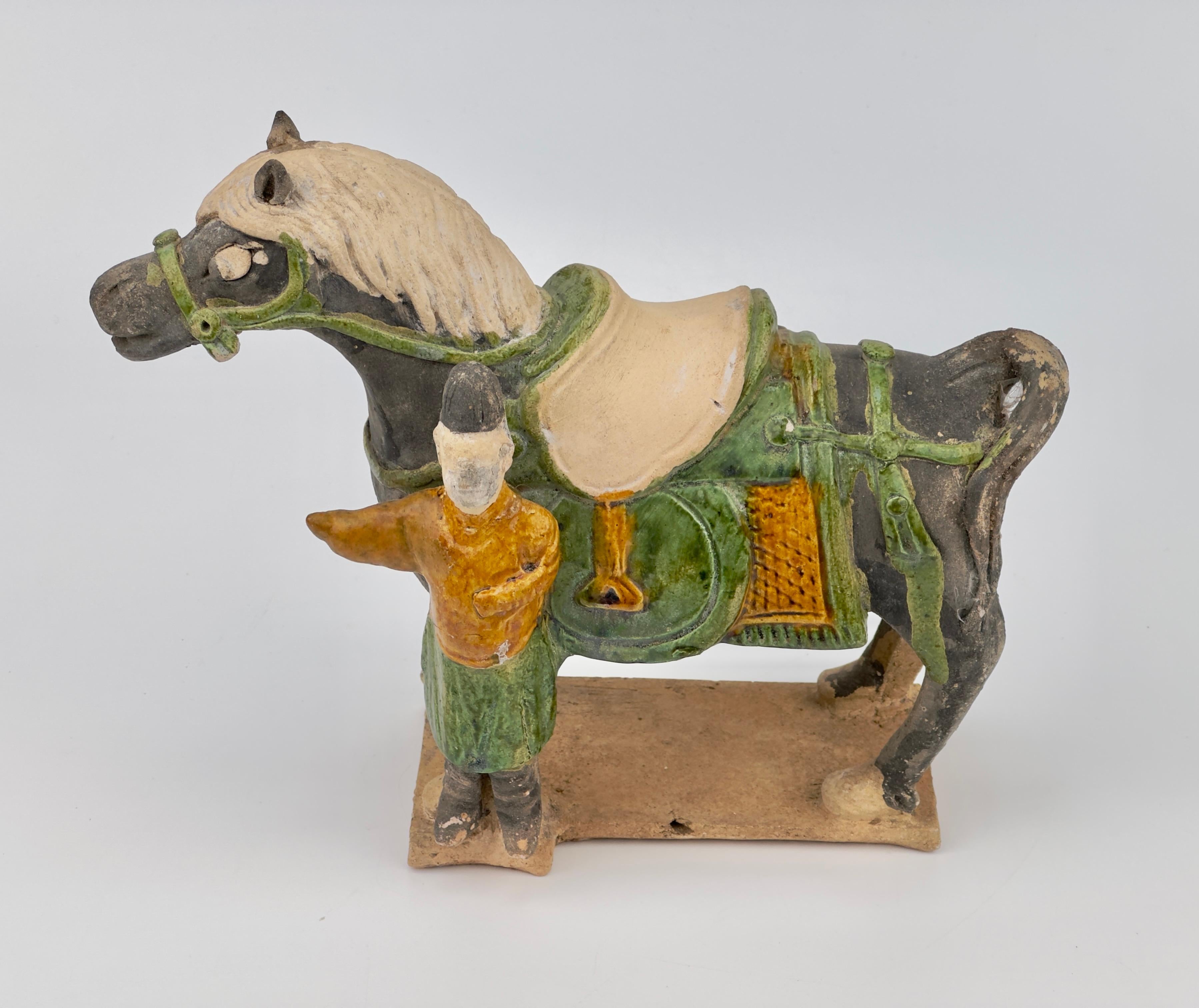 Pottery Green-Glazed Horse and Rider, Ming period(15-16th Century) For Sale