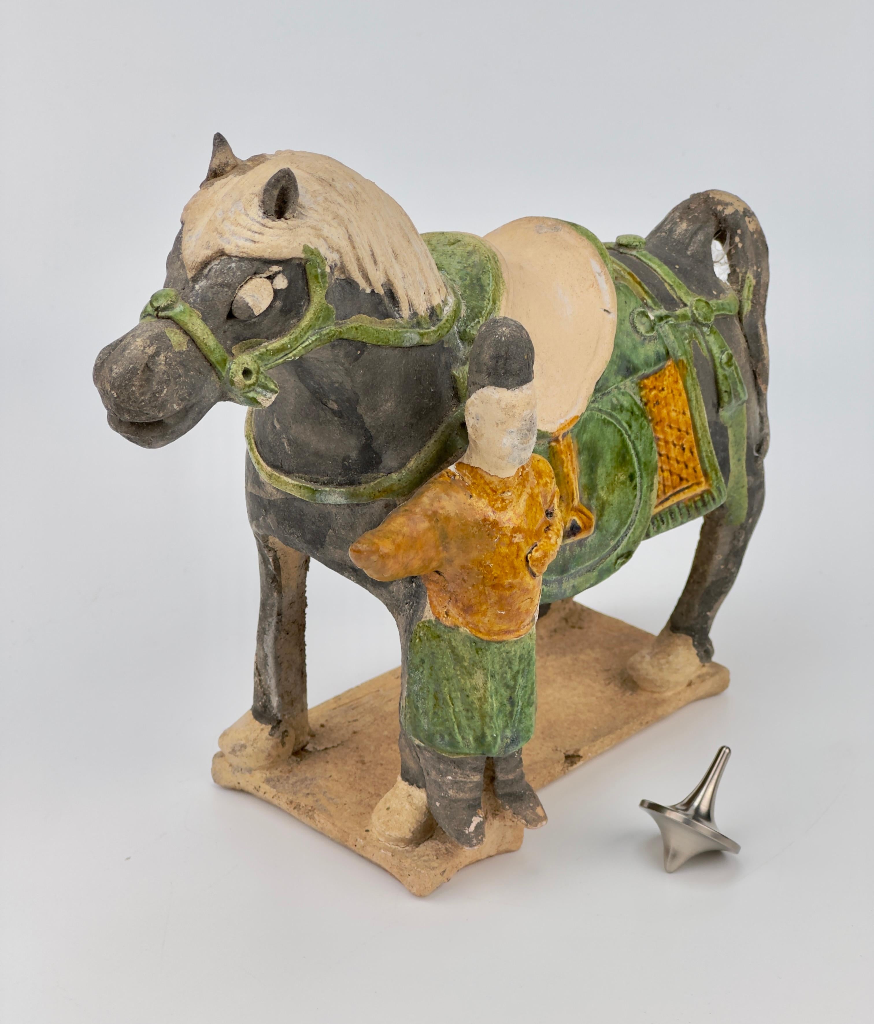 Pottery Ming Dynasty Green-Glazed Horse and Rider (15-16th Century) For Sale