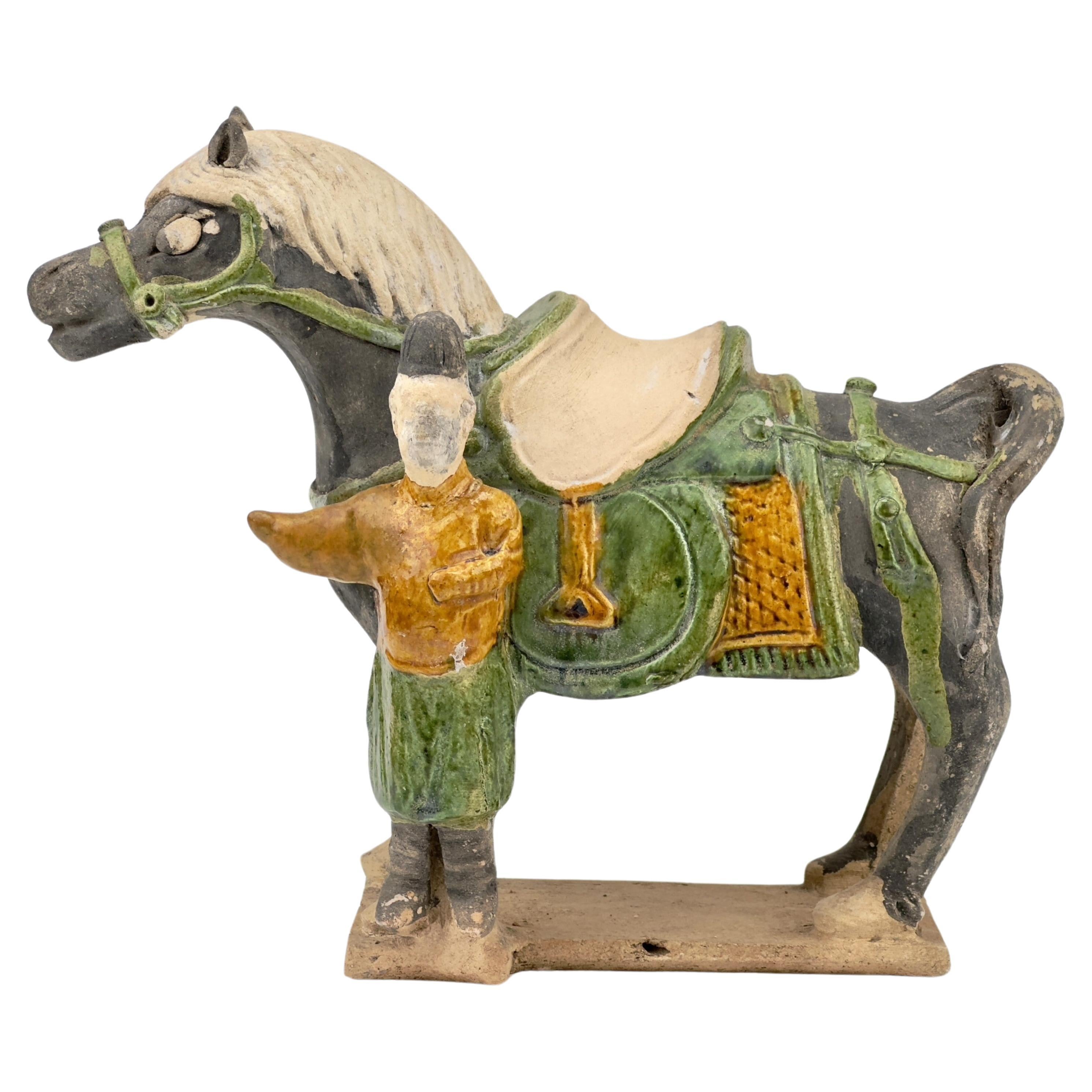 Green-Glazed Horse and Rider, Ming period(15-16th Century) For Sale