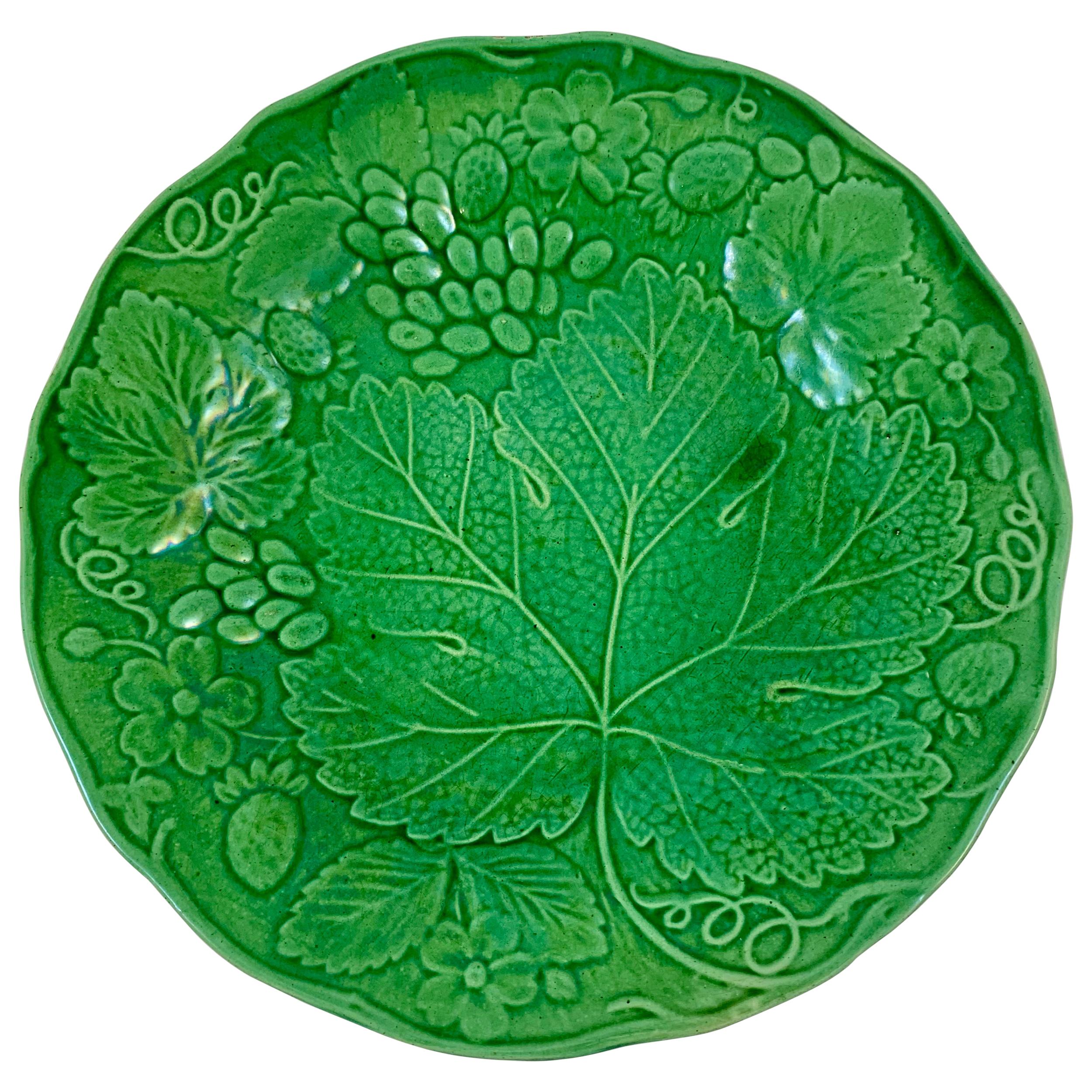 Green Glazed Majolica Strawberry and Grape Leaf on Basketweave Plate, circa 1890