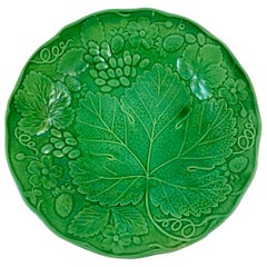 Green Glazed Majolica Strawberry and Grape Leaf on Basketweave Plate, circa 1890