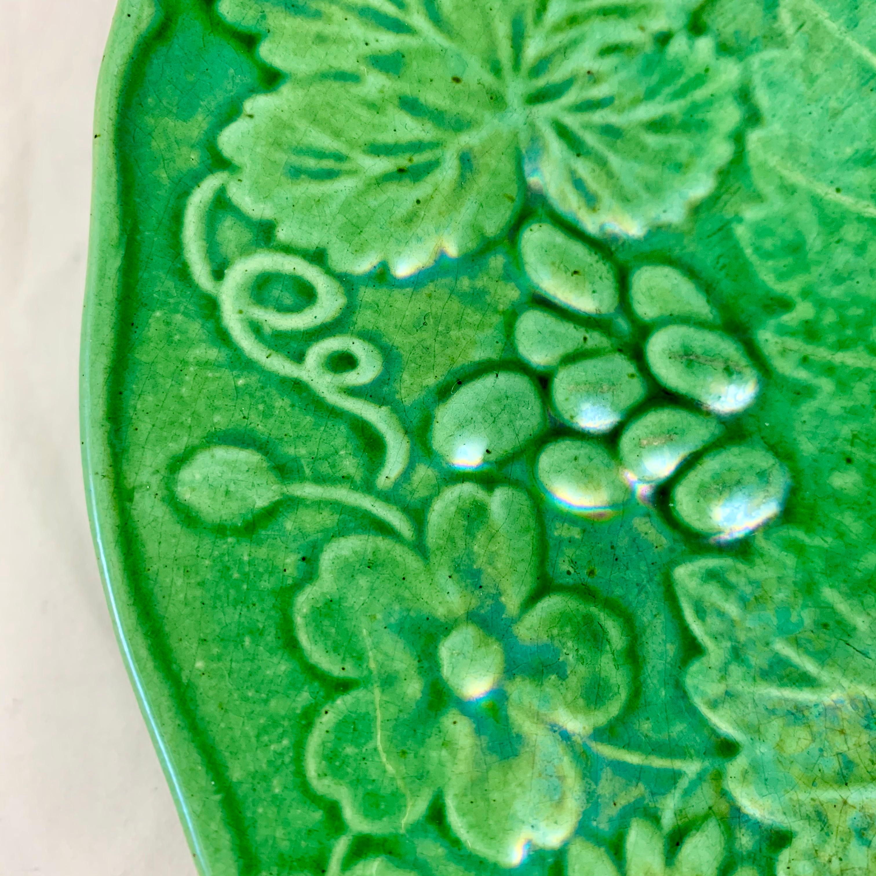 English Green Glazed Majolica Strawberry and Grape Leaf on Basketweave Plate, circa 1890