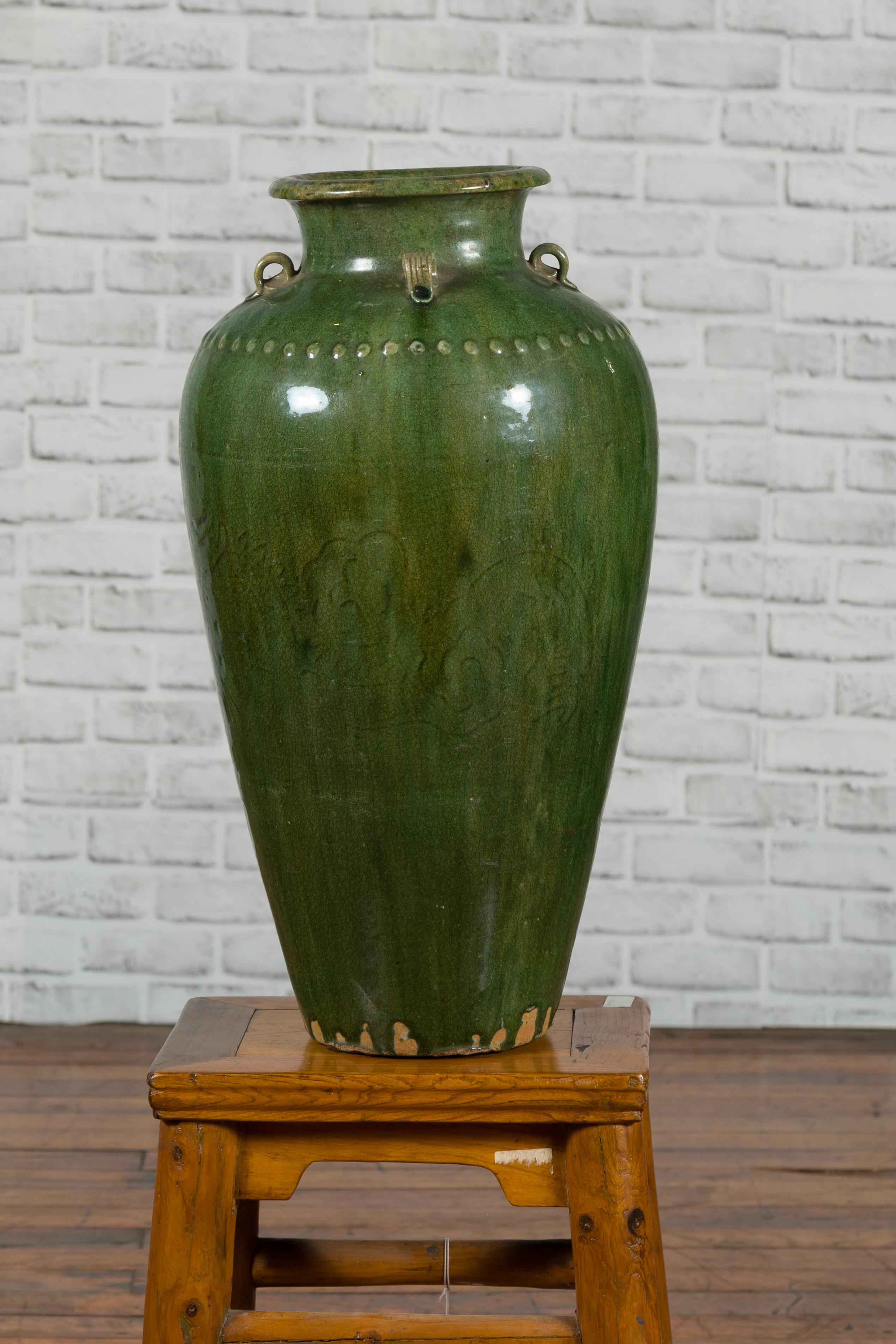 Green Glazed Martaban Water Jug with Petite Loop Handles and Bead Motifs 5