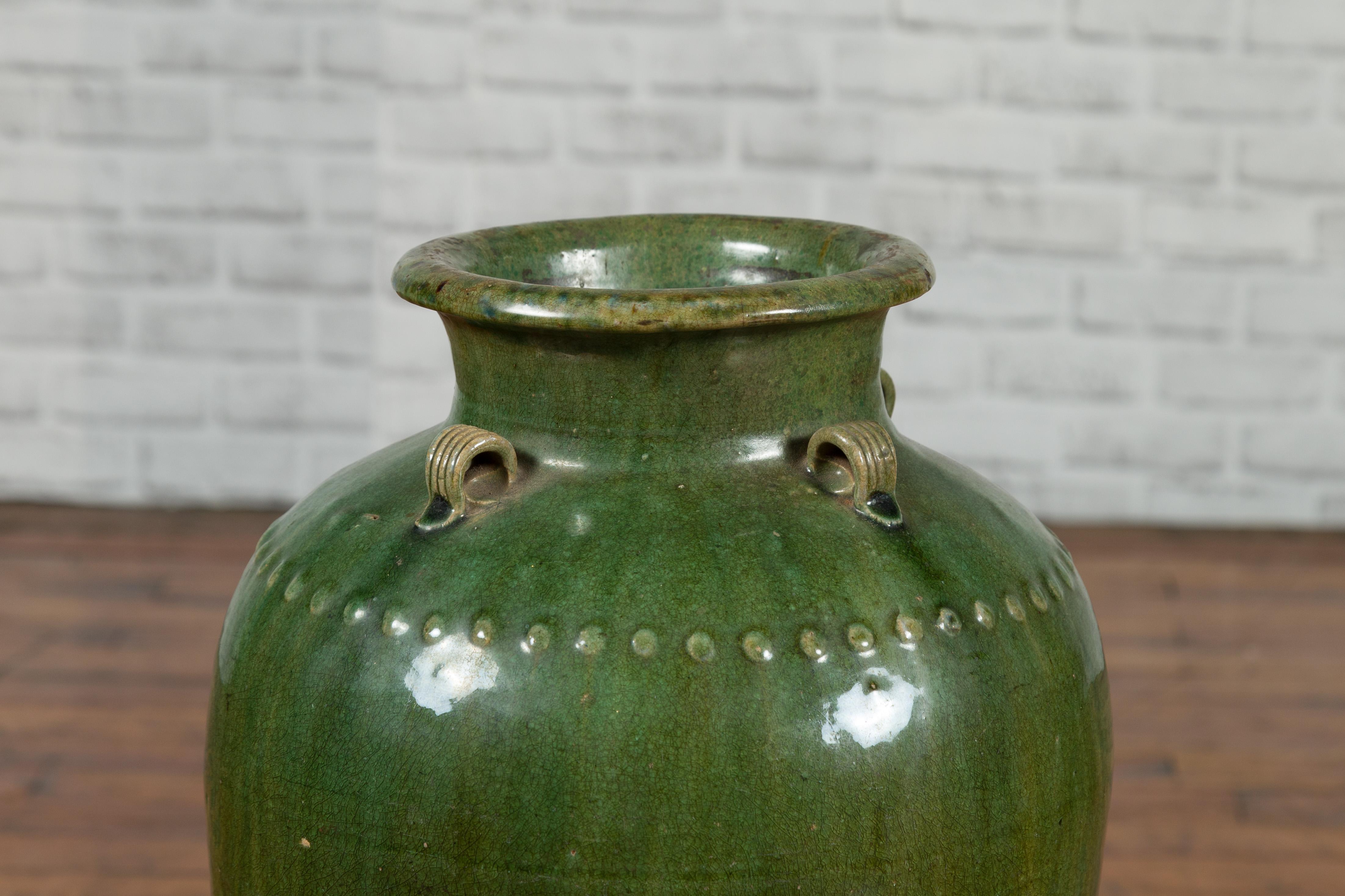 19th Century Green Glazed Martaban Water Jug with Petite Loop Handles and Bead Motifs