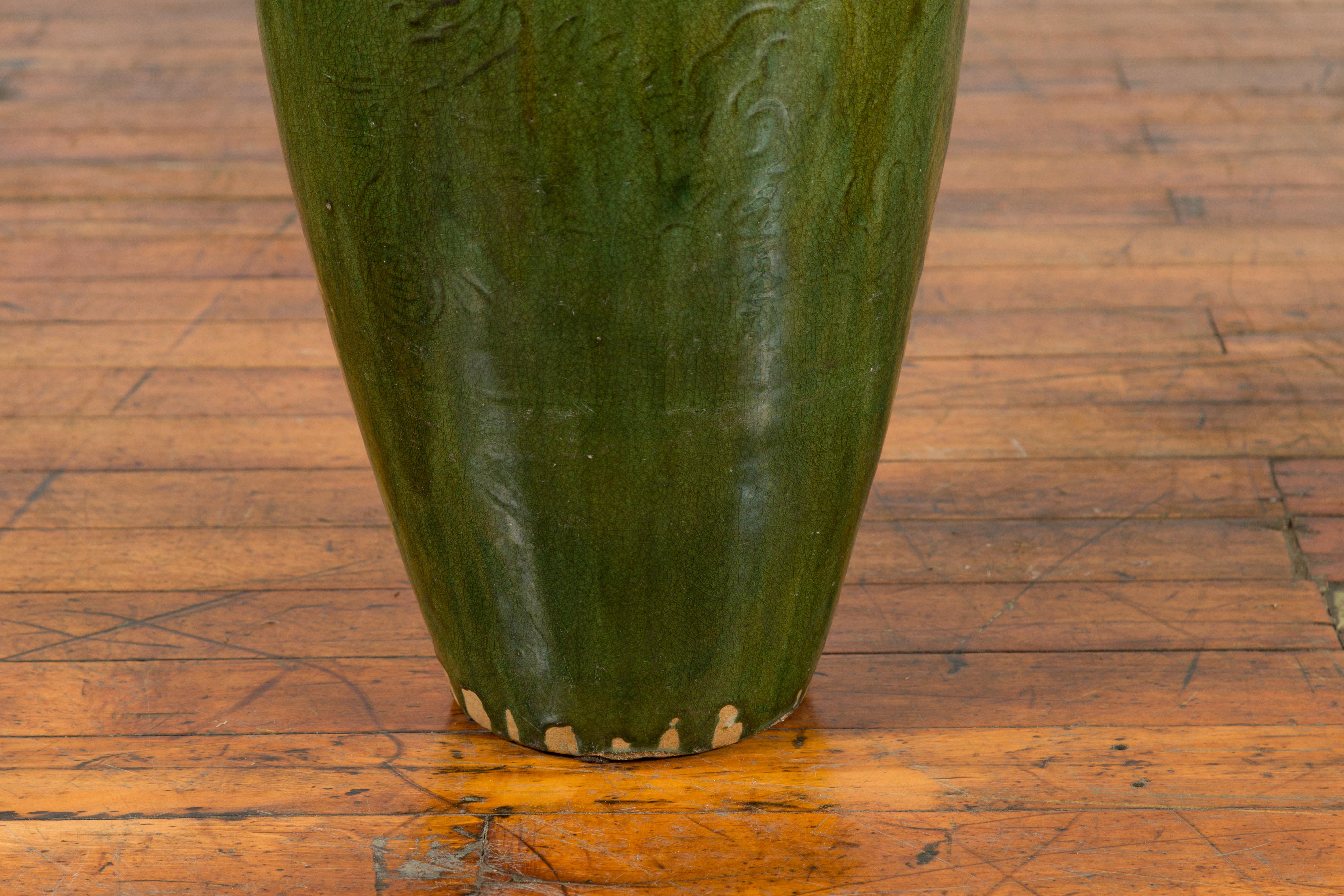 Porcelain Green Glazed Martaban Water Jug with Petite Loop Handles and Bead Motifs