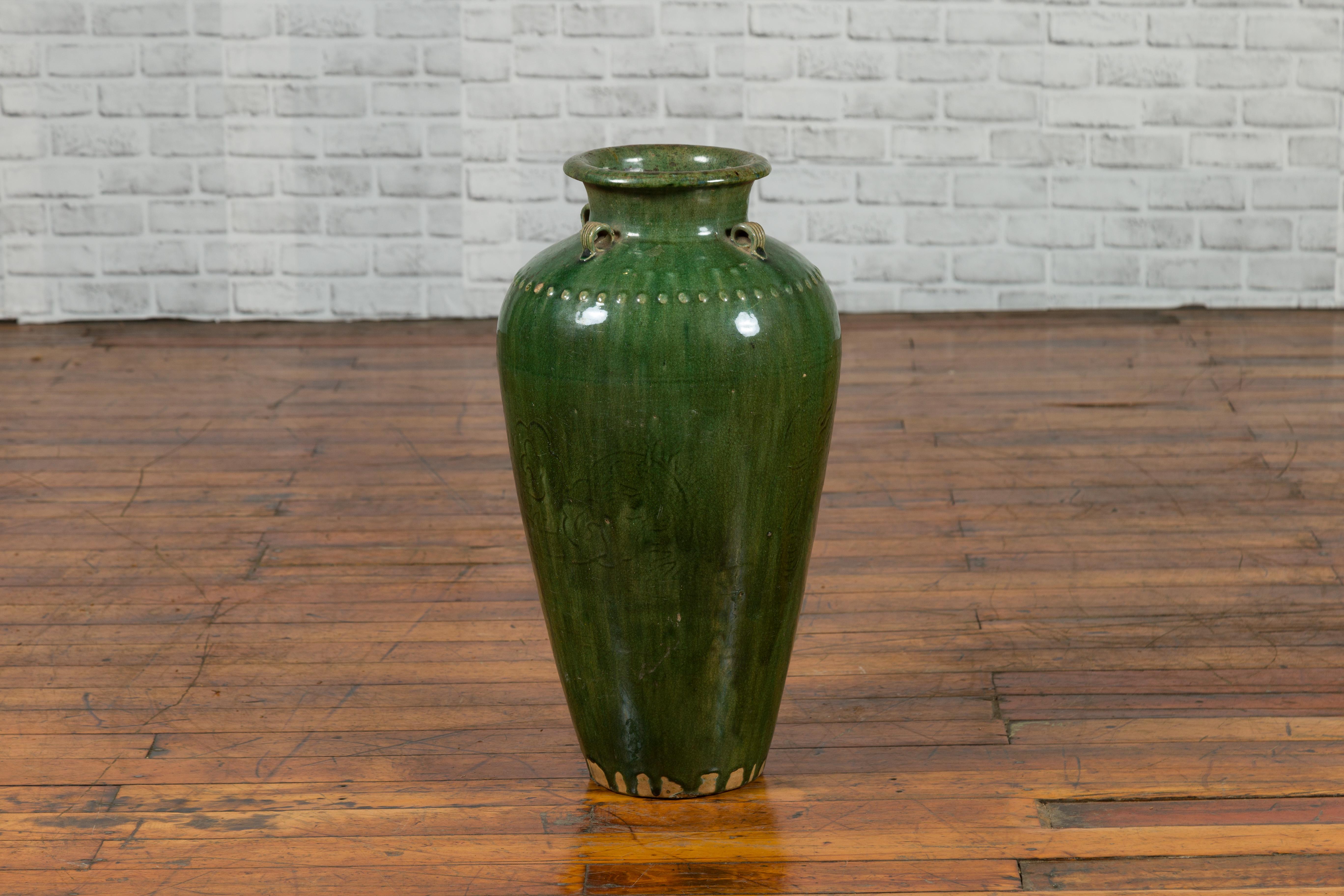 Green Glazed Martaban Water Jug with Petite Loop Handles and Bead Motifs 1