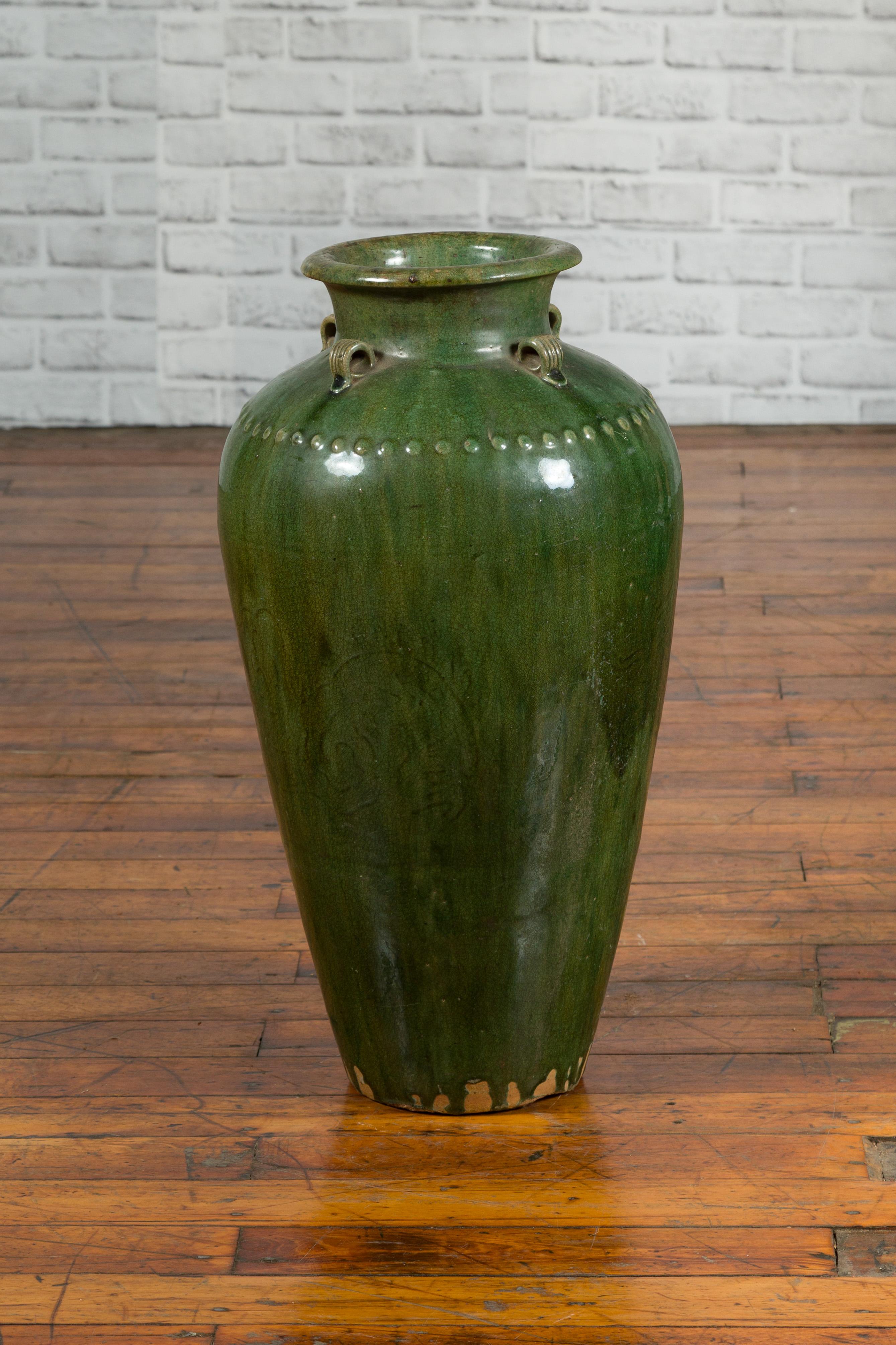 Green Glazed Martaban Water Jug with Petite Loop Handles and Bead Motifs 3