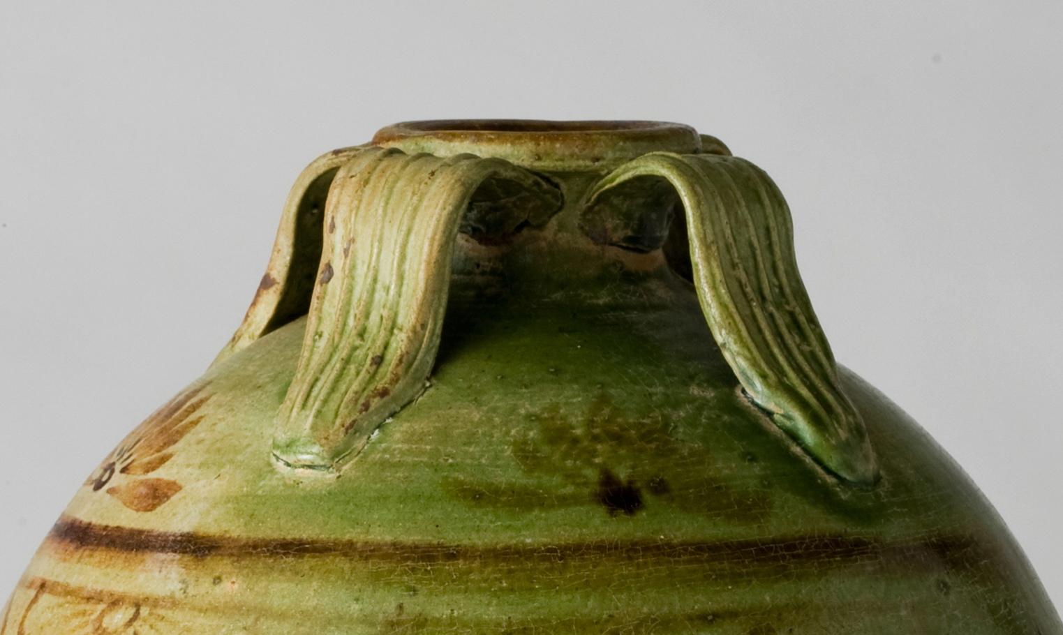 Glazed Green-glazed Pottery Amphora with Brown glazed Phoenix, Tang-Liao Dynasty For Sale