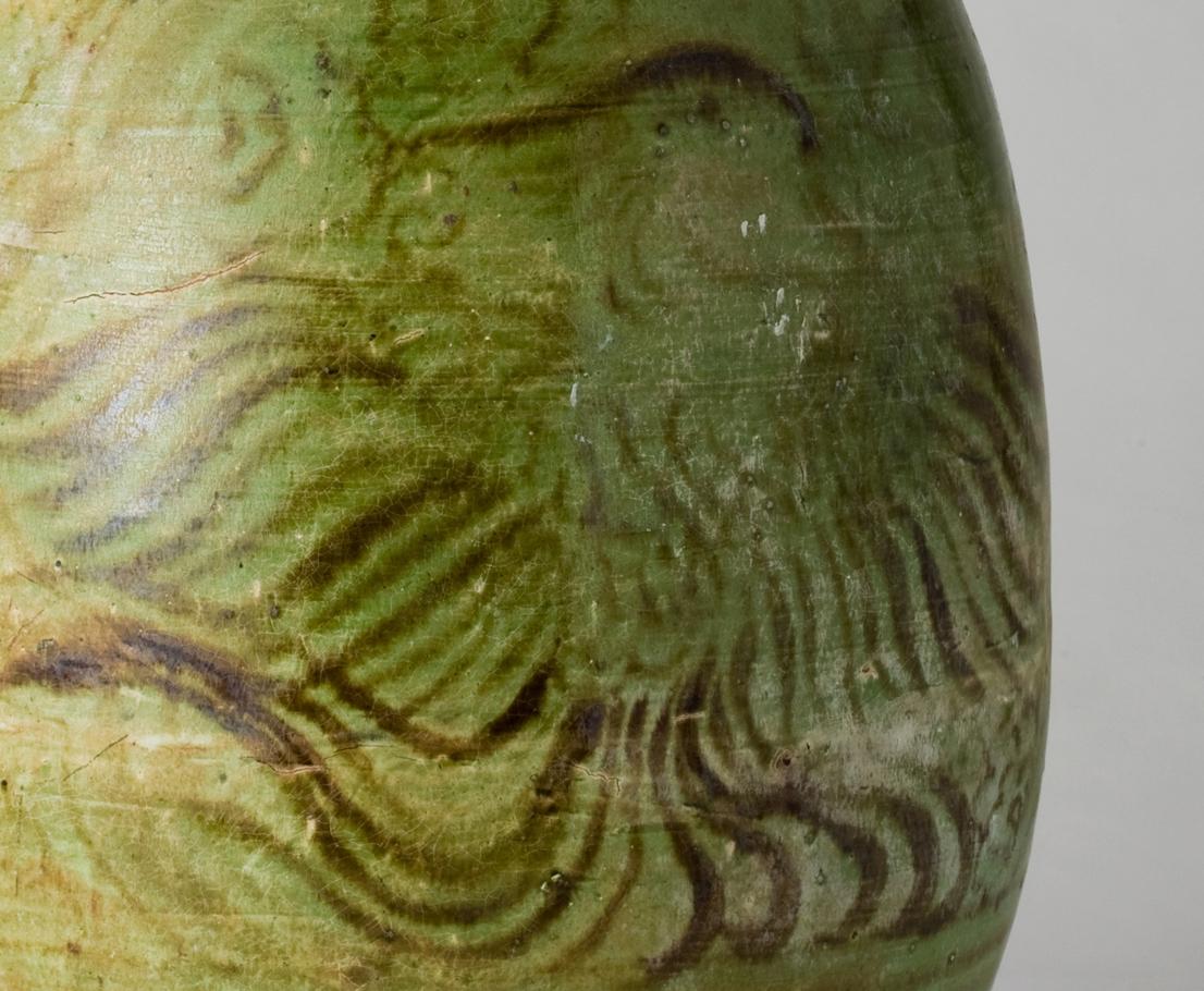 18th Century and Earlier Green-glazed Pottery Amphora with Brown glazed Phoenix, Tang-Liao Dynasty For Sale