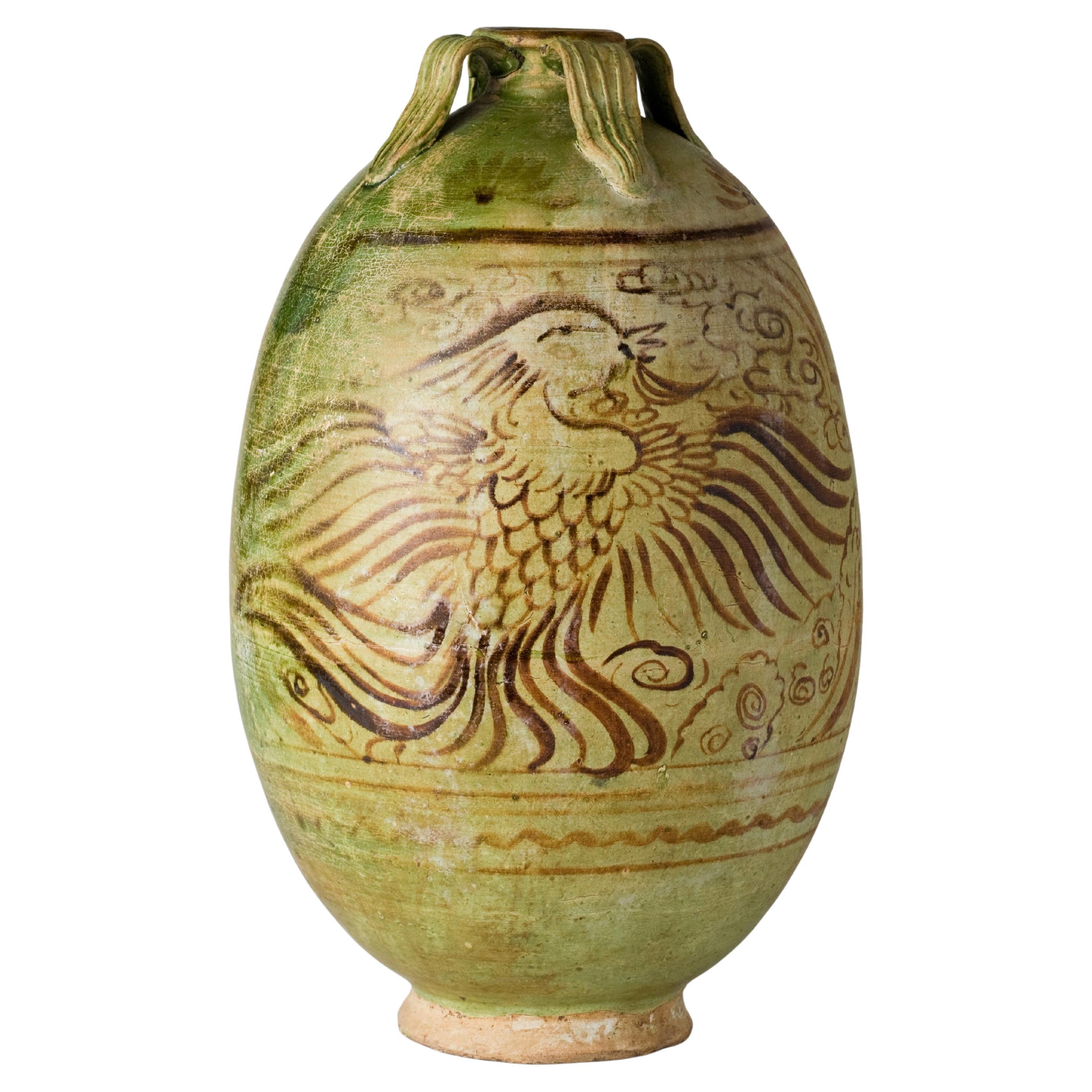 Amphore en poterie à glaçure verte avec Phoenix à glaçure Brown, Dynasty Tang-Liao