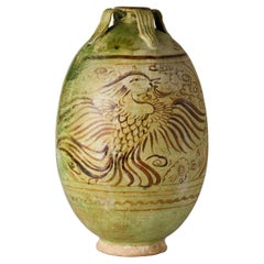 Amphore en poterie à glaçure verte avec Phoenix à glaçure Brown, Dynasty Tang-Liao