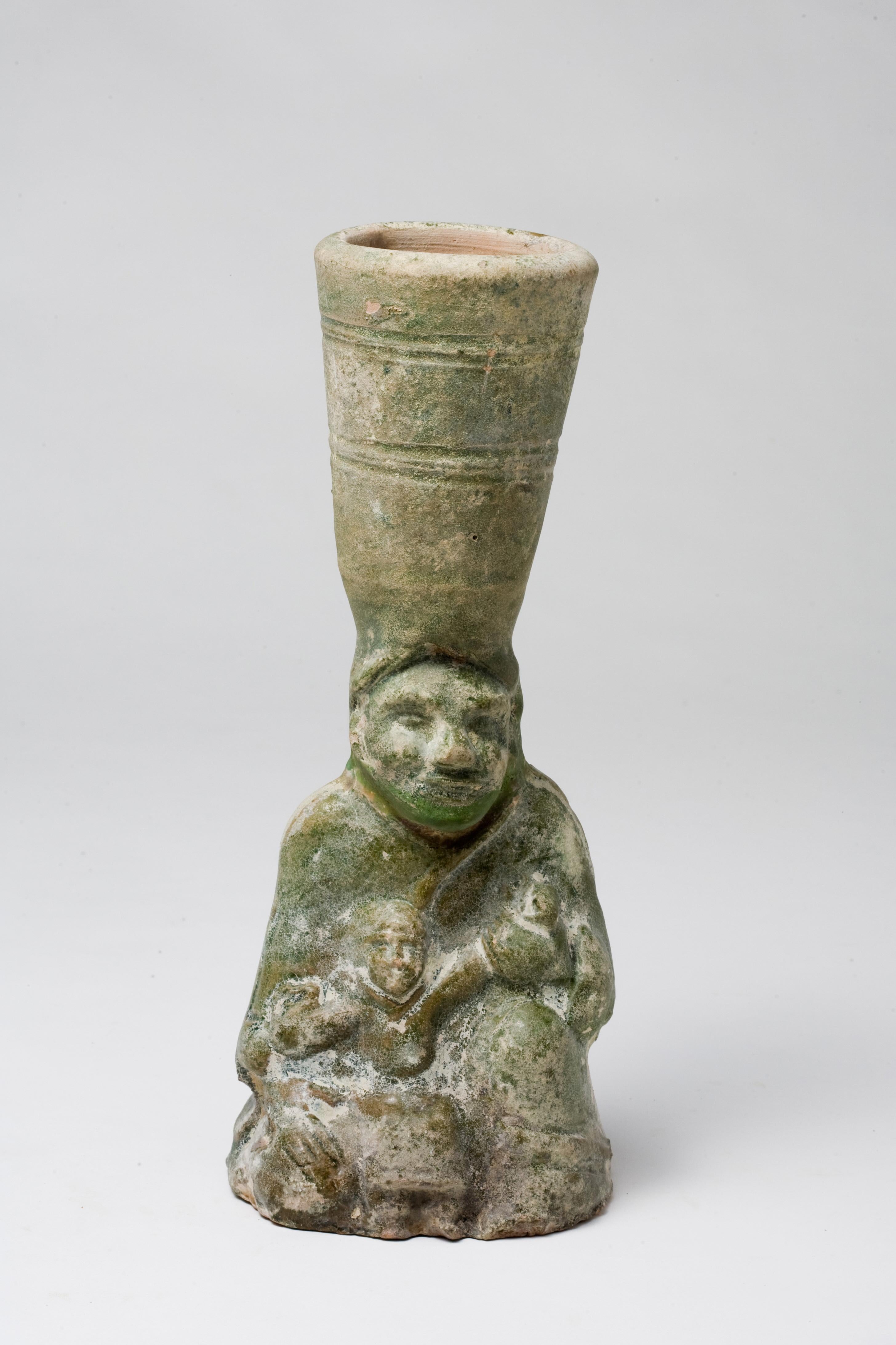 18th Century and Earlier Green-glazed pottery 'figural' lamp, Han Dynasty For Sale