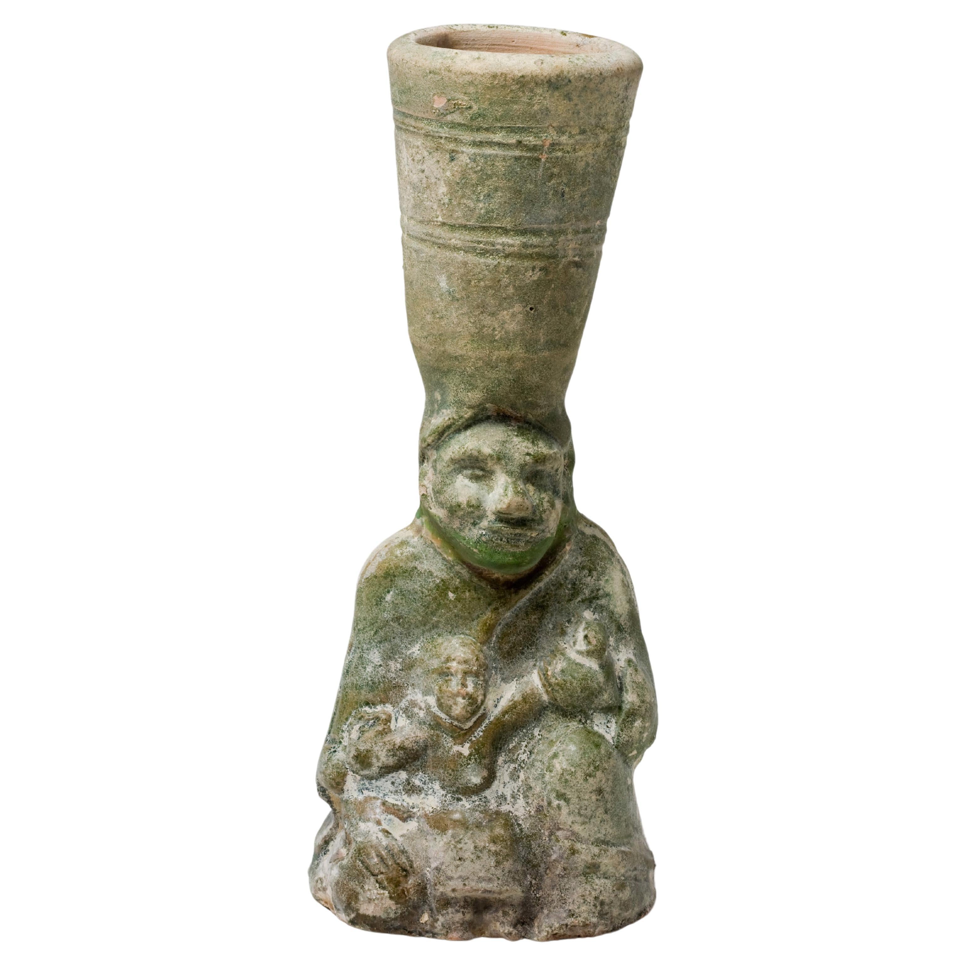 Green-glazed pottery 'figural' lamp, Han Dynasty For Sale