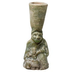 Lampada figurata in ceramica smaltata verde, dinastia Han