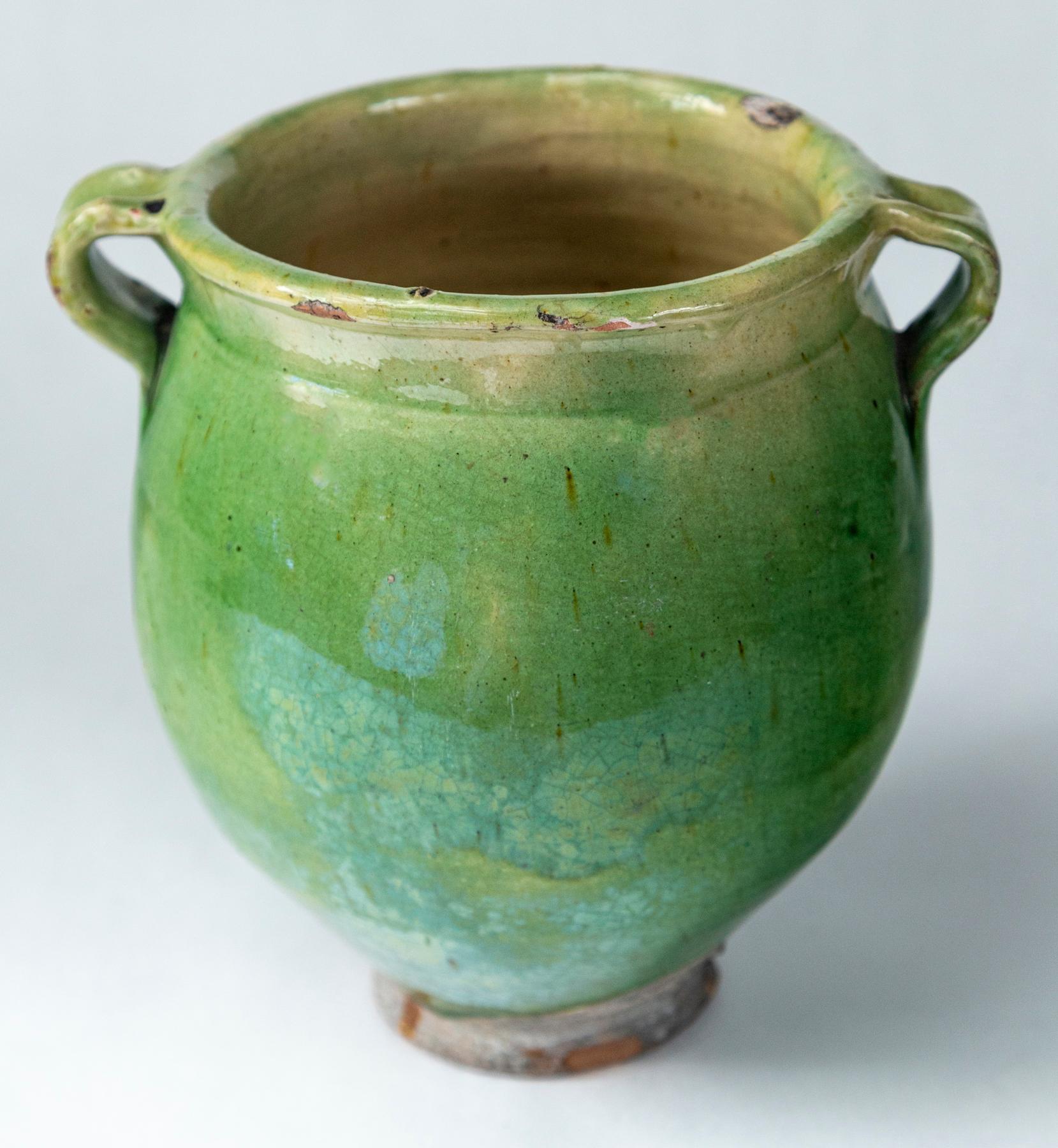 French Provincial Green Glazed Pottery Storage Jar, France, Early 20th Century