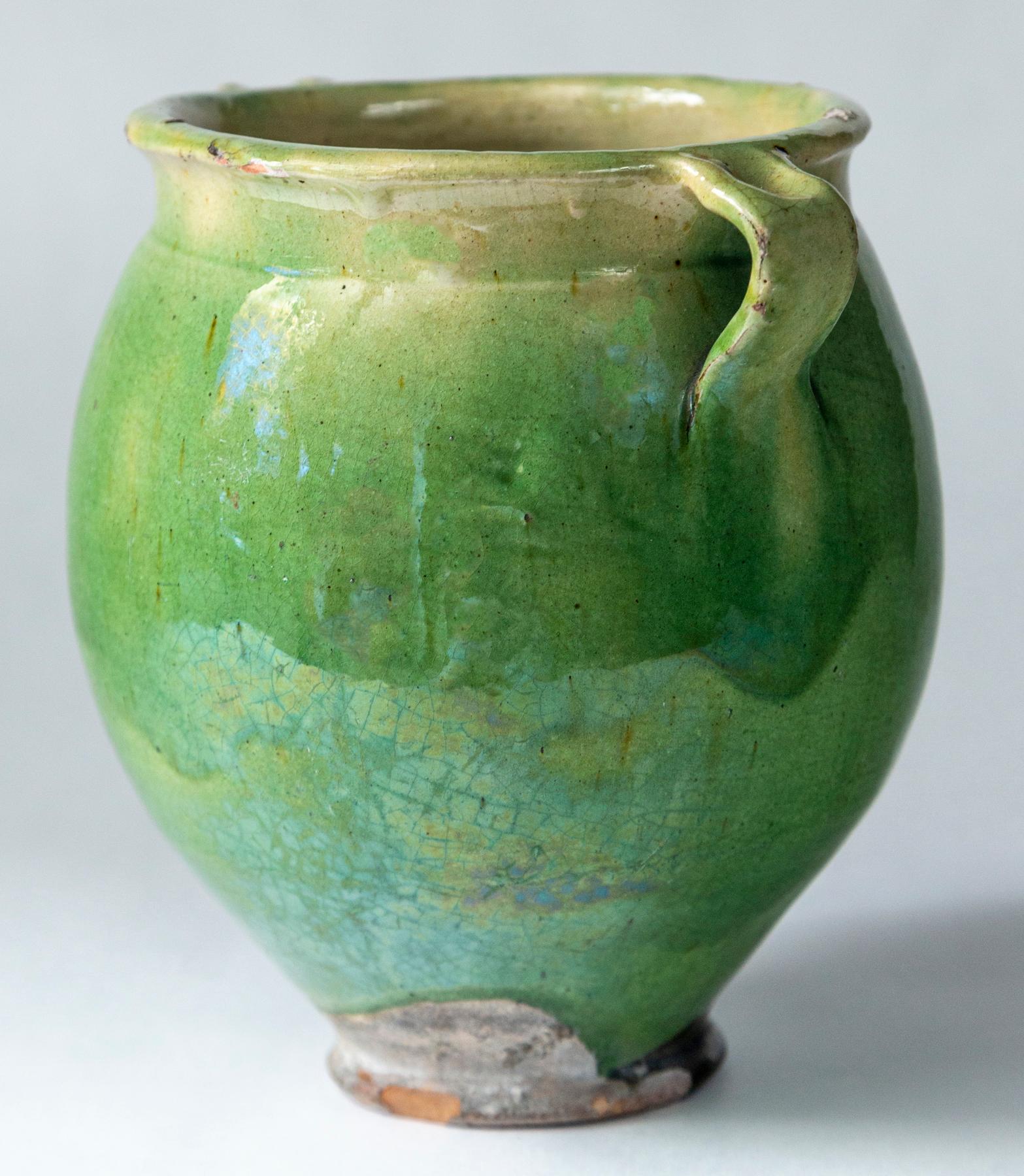 Green Glazed Pottery Storage Jar, France, Early 20th Century In Good Condition In Chappaqua, NY