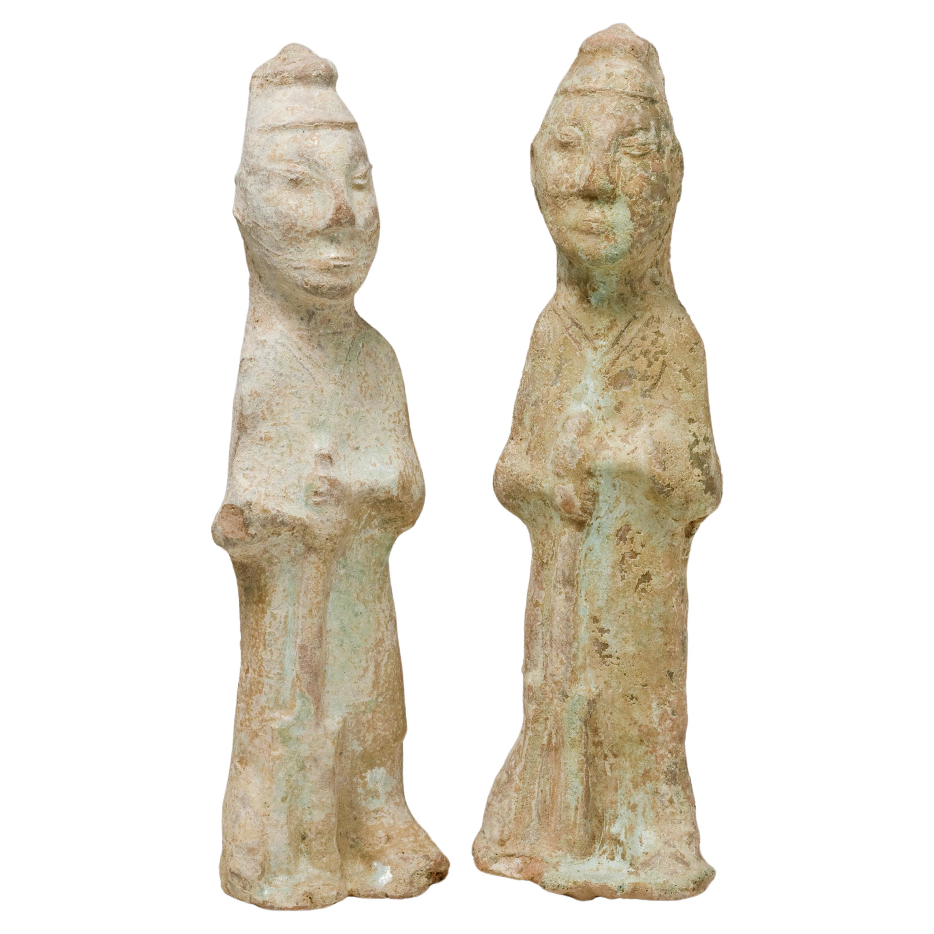 Two Green glazed Figures Holding Pitchpork, Han dynasty For Sale