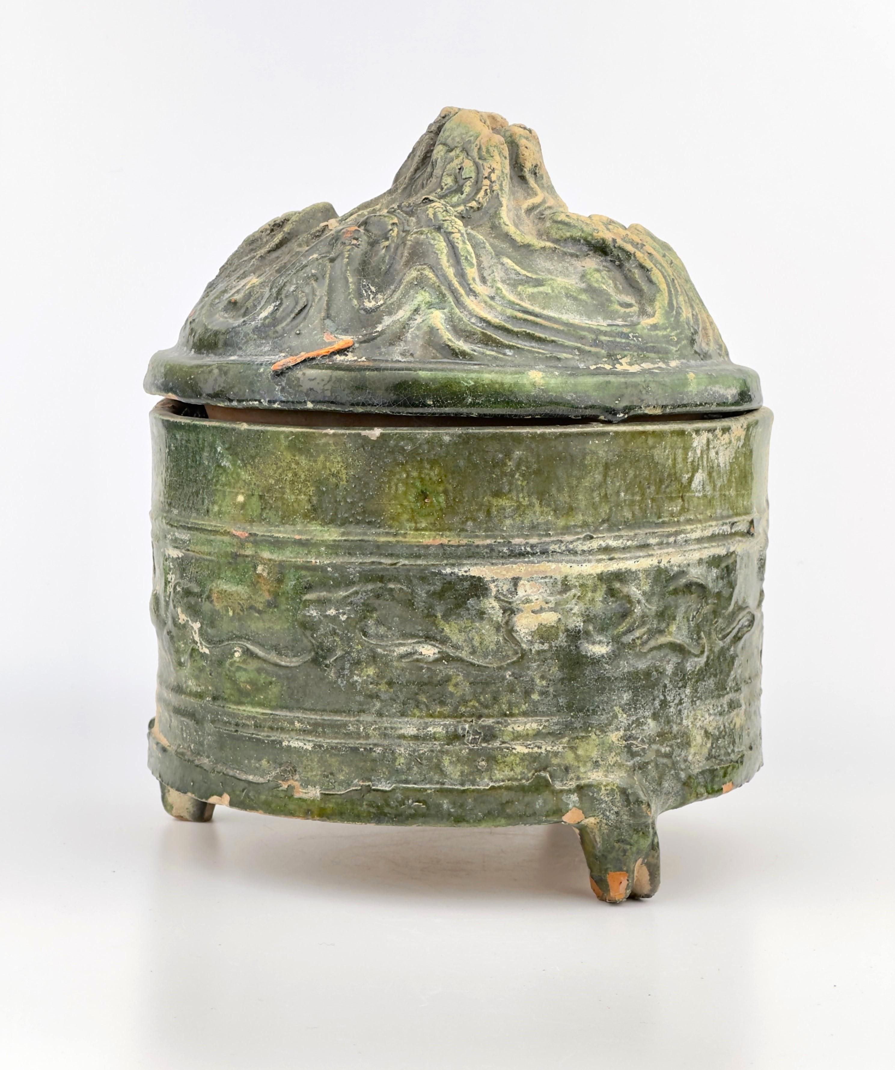 Green-glazed pottery tripod 'hill' jar, Han Dynasty, 206 BC - 220 AD For Sale 14