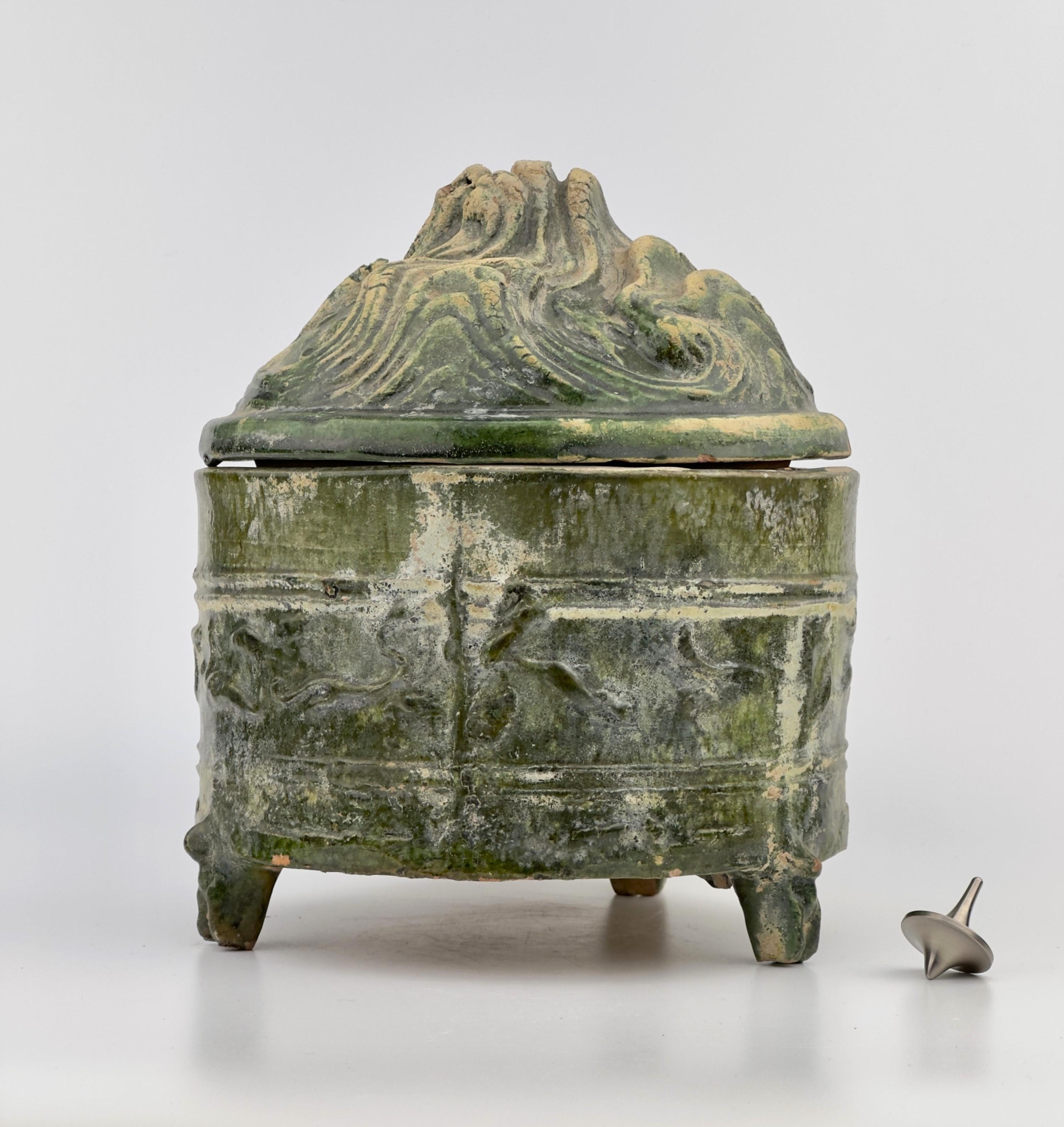 Chinese Green-glazed pottery tripod 'hill' jar, Han Dynasty, 206 BC - 220 AD For Sale