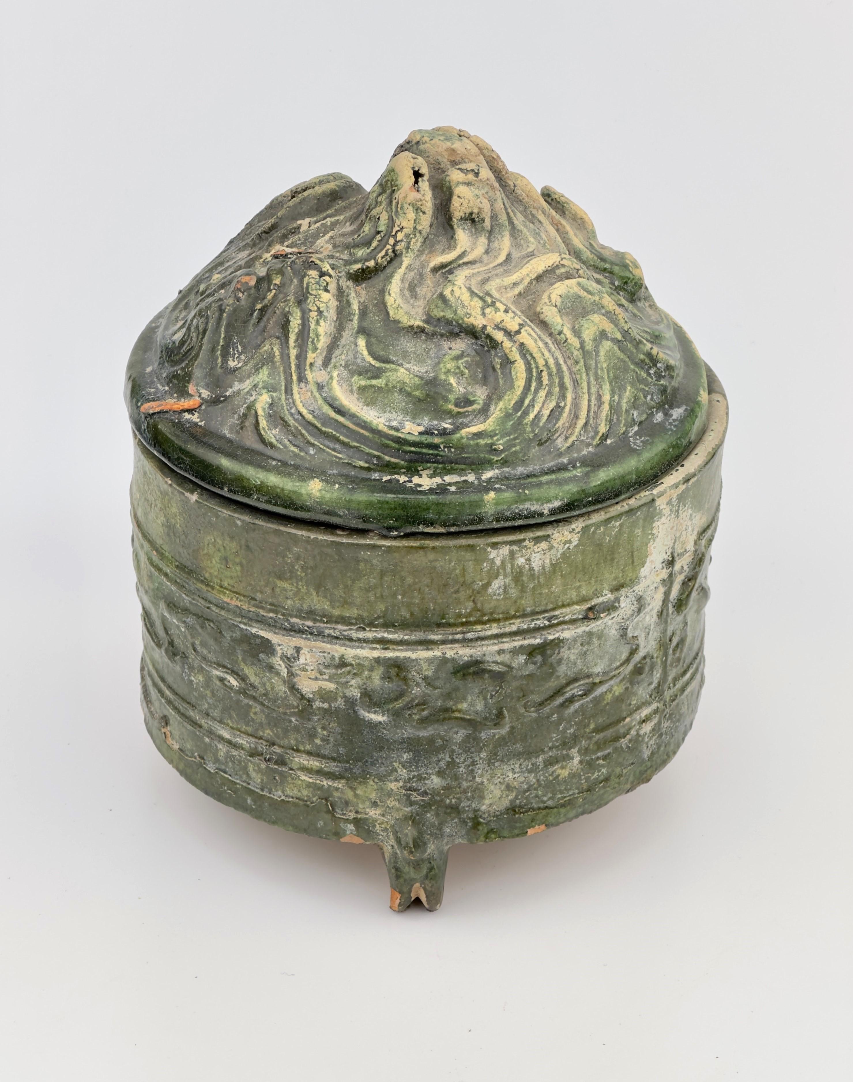 18th Century and Earlier Green-glazed pottery tripod 'hill' jar, Han Dynasty, 206 BC - 220 AD For Sale