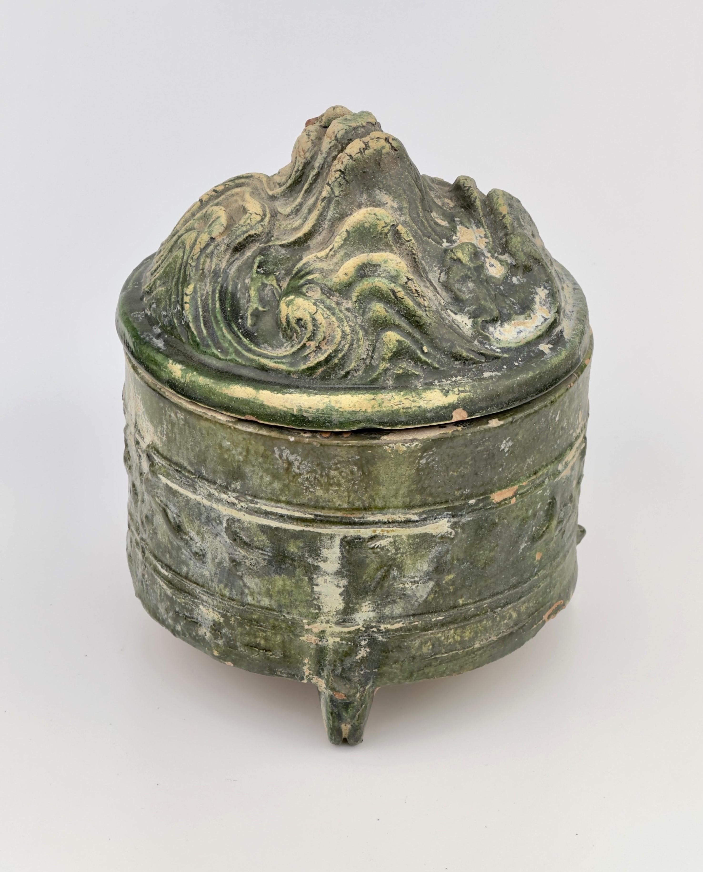 Stoneware Green-glazed pottery tripod 'hill' jar, Han Dynasty, 206 BC - 220 AD For Sale