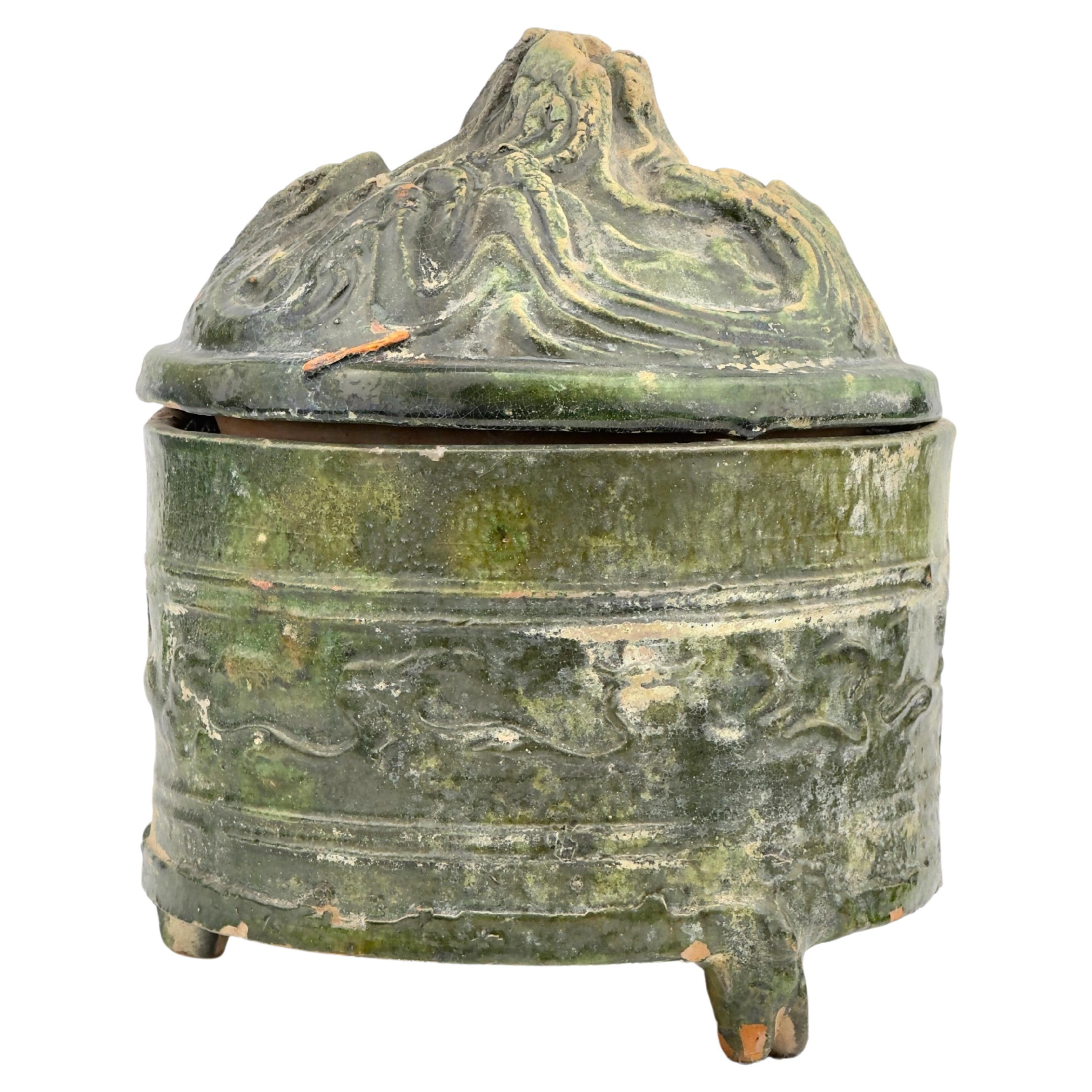 Green-glazed pottery tripod 'hill' jar, Han Dynasty, 206 BC - 220 AD For Sale