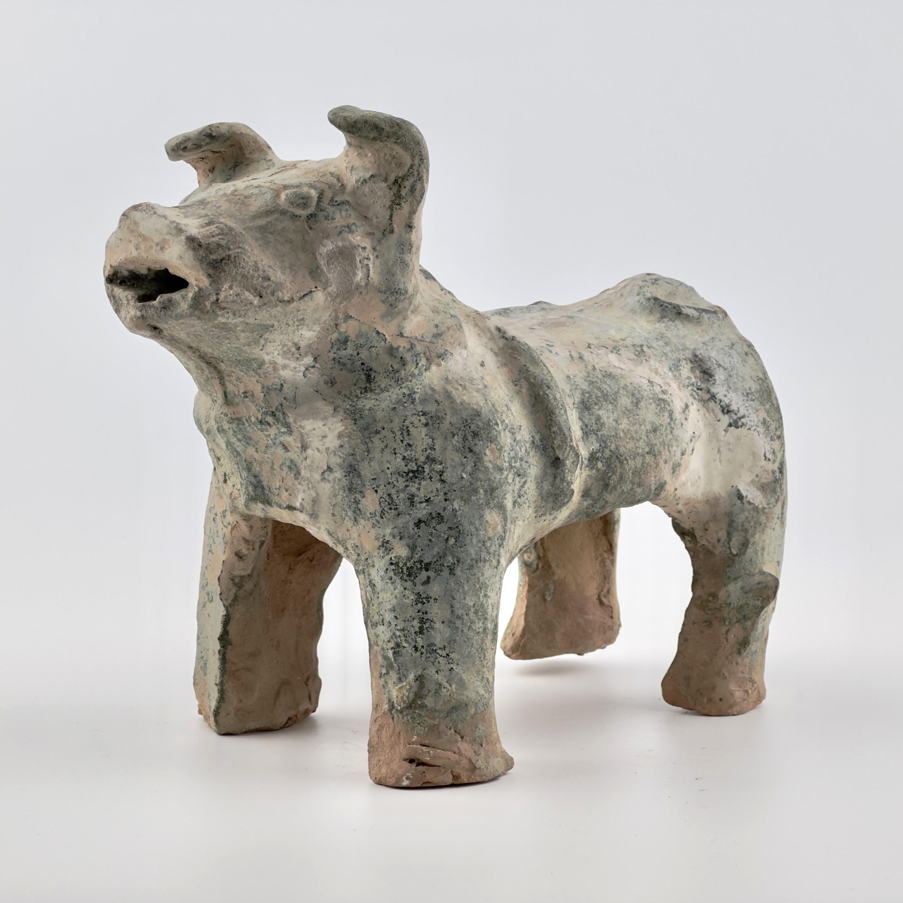 18th Century and Earlier Green Glazed Red Pottery Figure of Dog, Han dynasty (206 BC-220 AD) For Sale