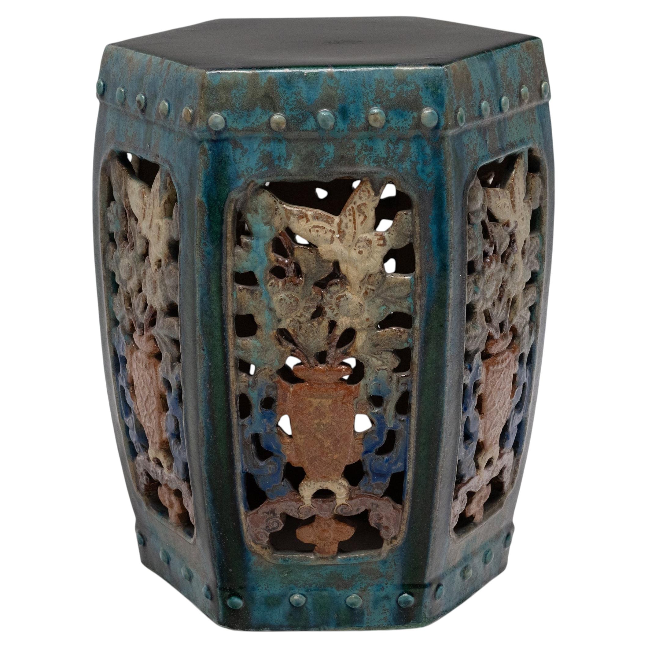 Green Glazed Sancai Blossom Garden Stool For Sale