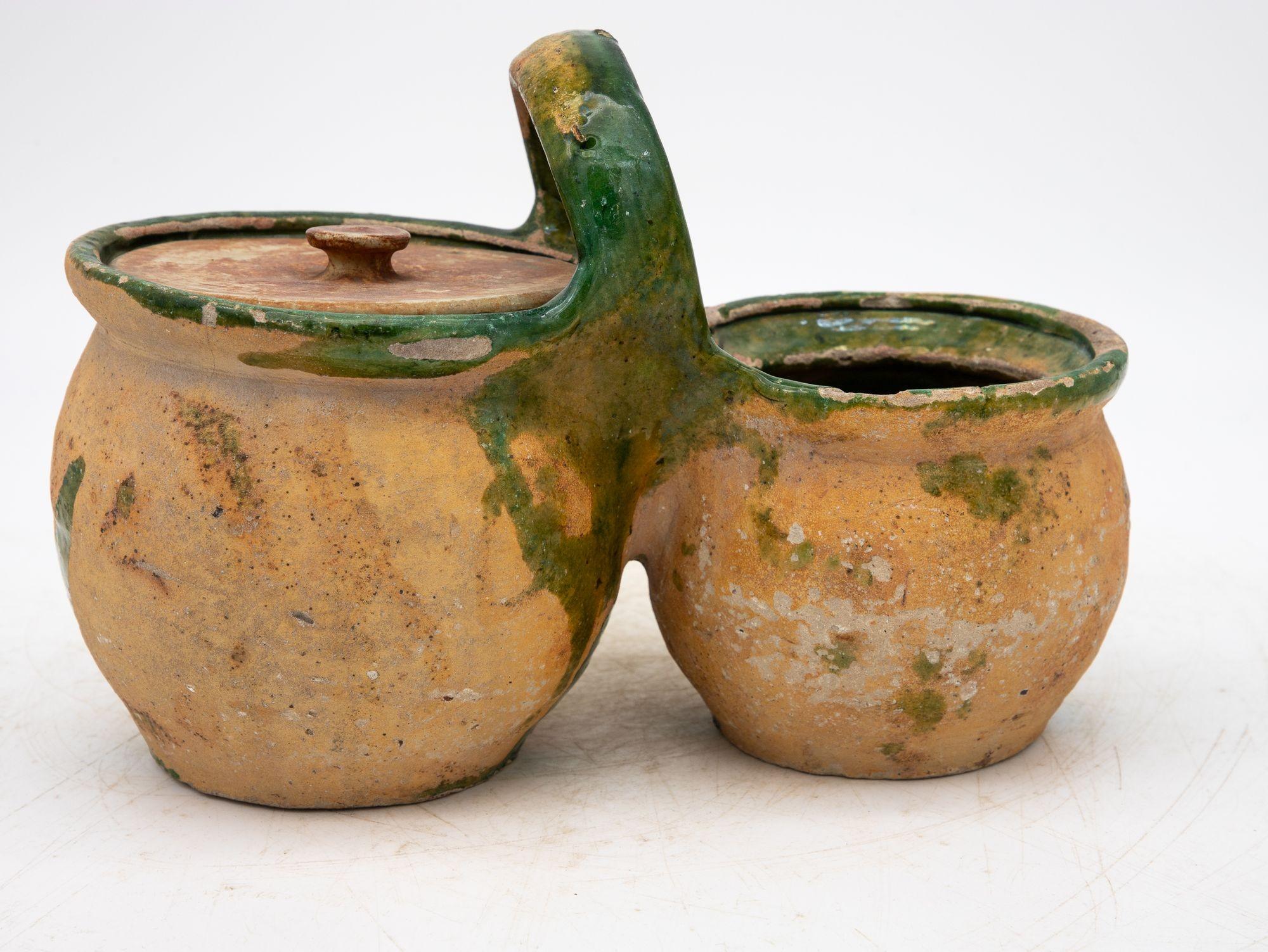 Green Glazed Shepherd's Lunch Holder with Bowls and Handle , France 19th C. For Sale 4