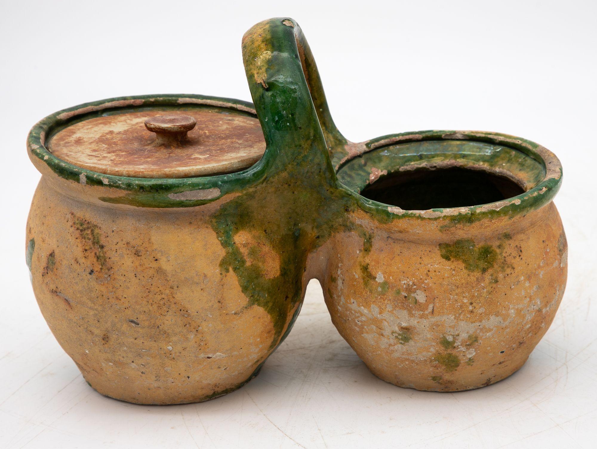 French Green Glazed Shepherd's Lunch Holder with Bowls and Handle , France 19th C. For Sale