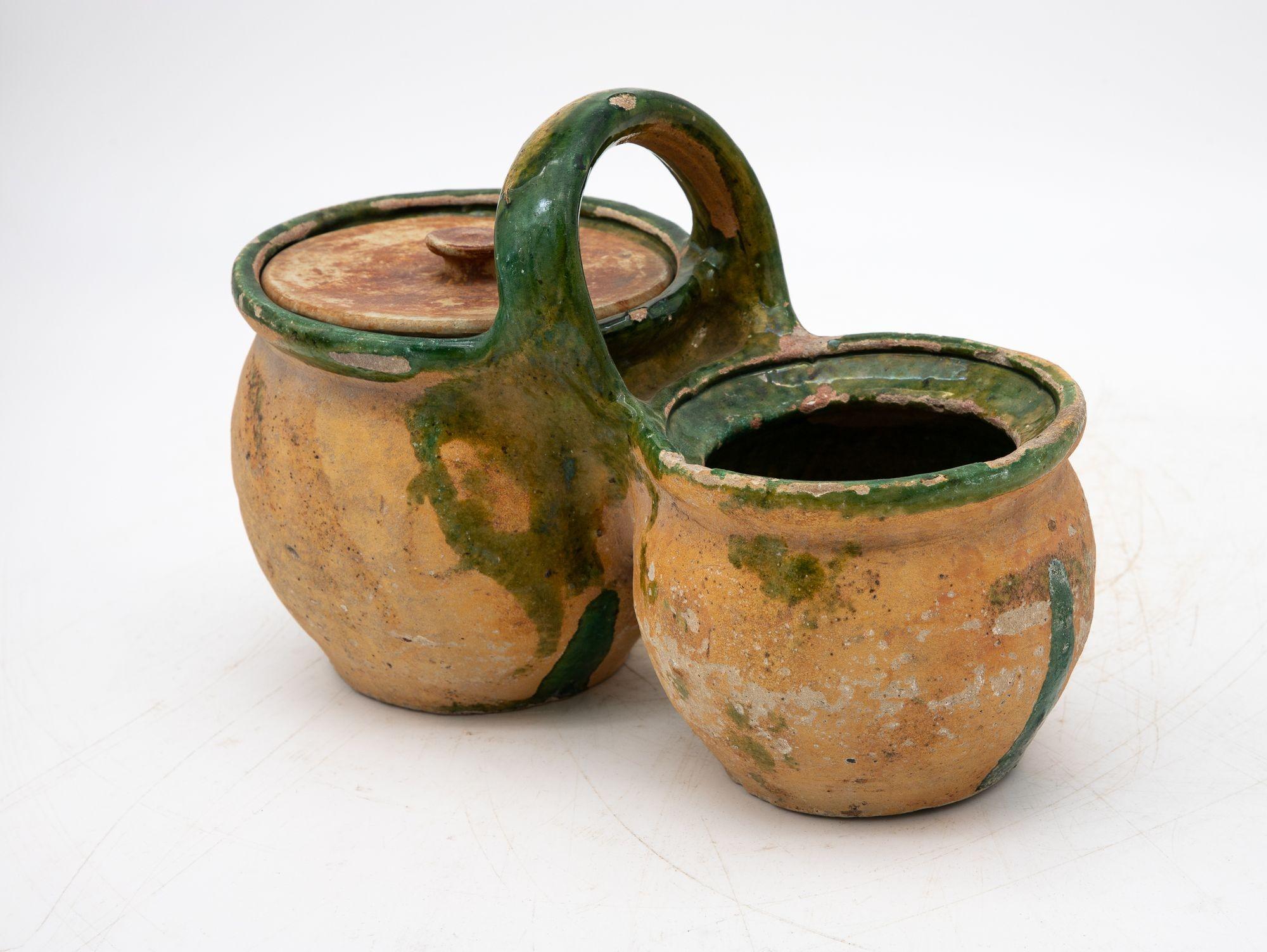Green Glazed Shepherd's Lunch Holder with Bowls and Handle , France 19th C. In Good Condition For Sale In South Salem, NY