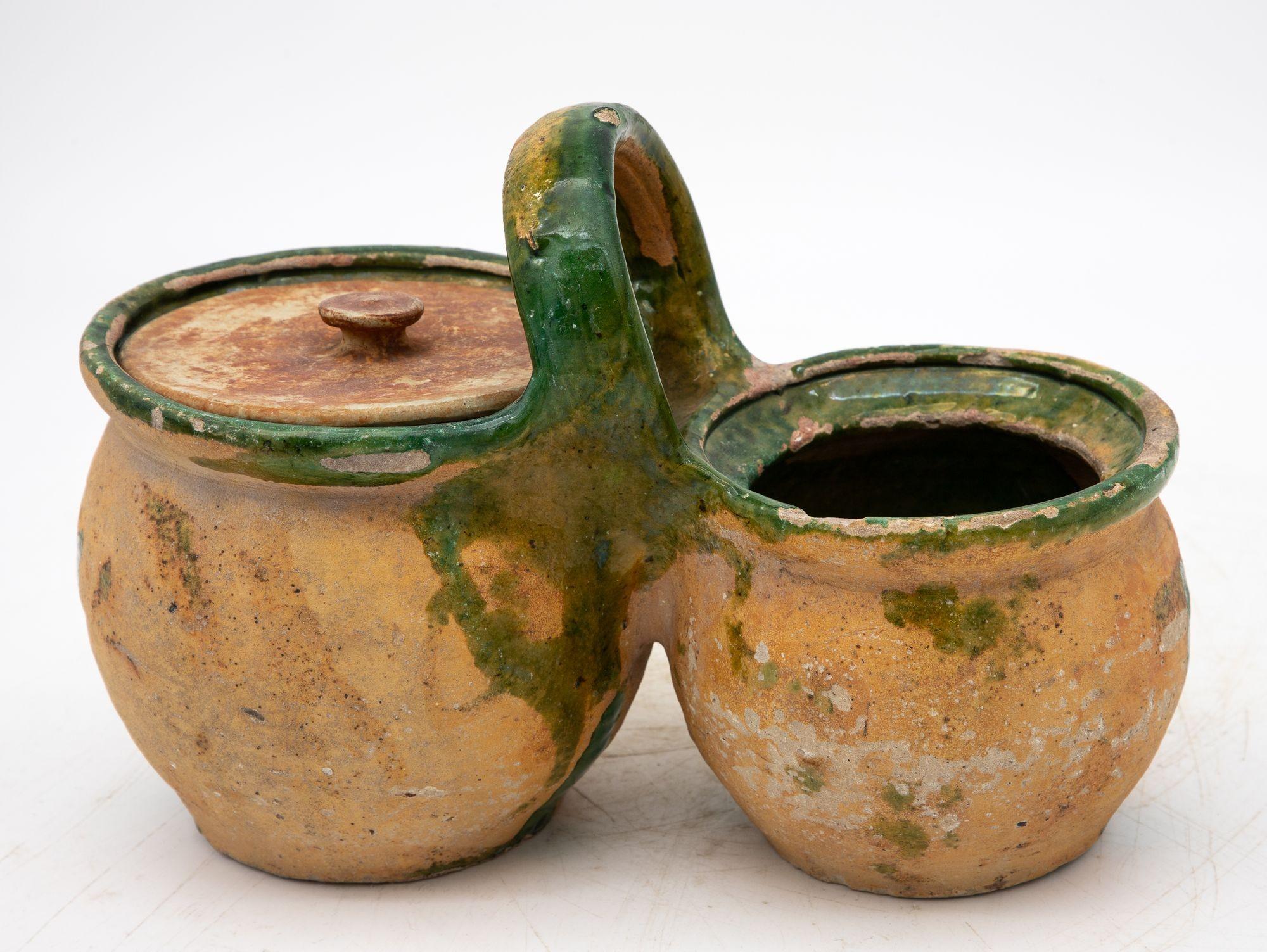 19th Century Green Glazed Shepherd's Lunch Holder with Bowls and Handle , France 19th C. For Sale