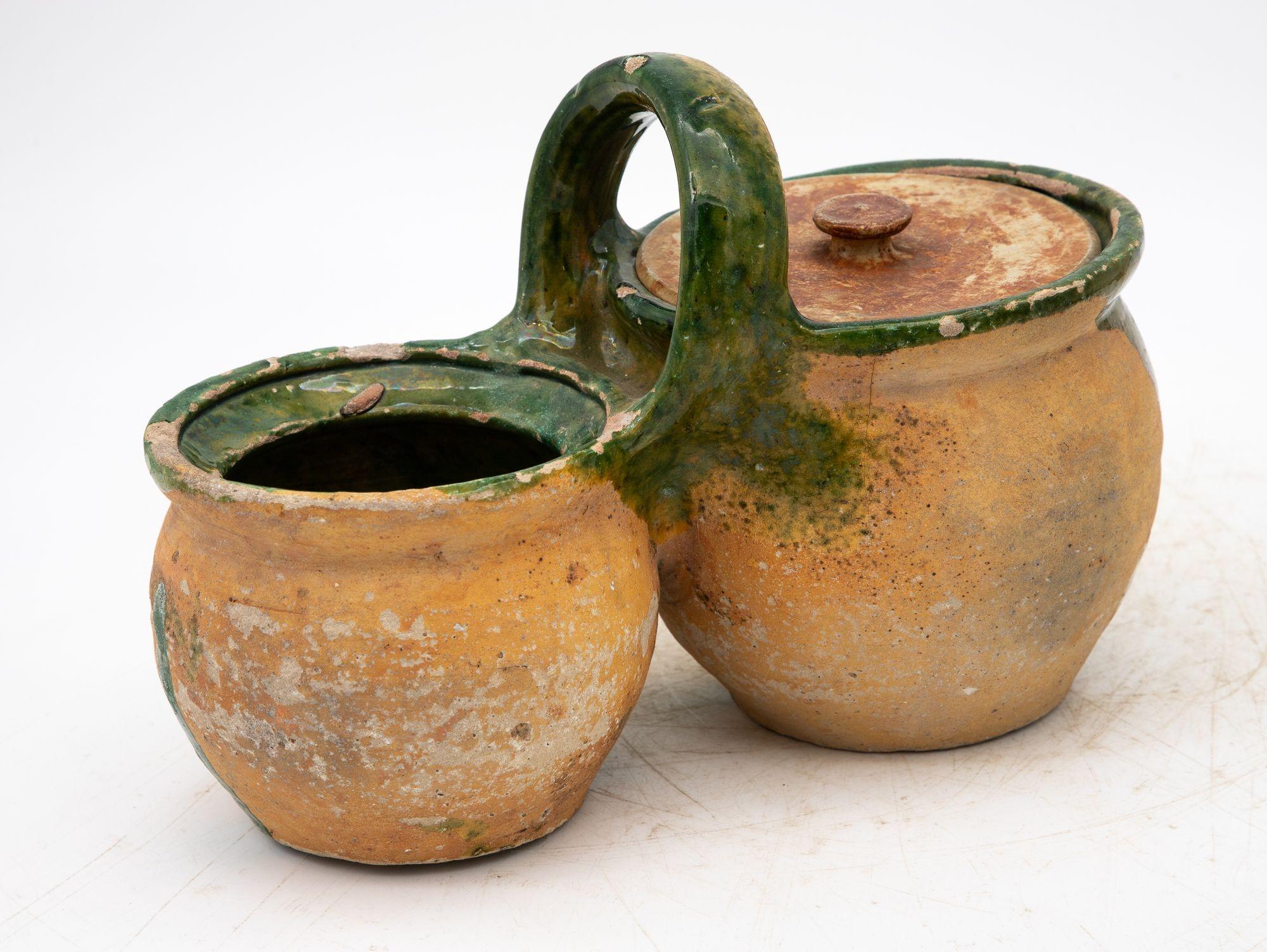 Terracotta Green Glazed Shepherd's Lunch Holder with Bowls and Handle , France 19th C. For Sale