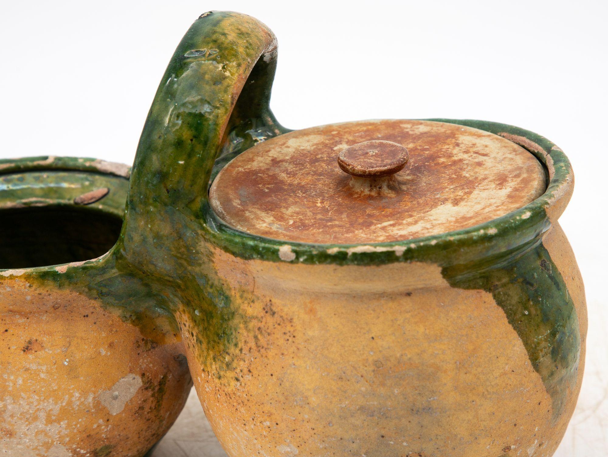 Green Glazed Shepherd's Lunch Holder with Bowls and Handle , France 19th C. For Sale 1