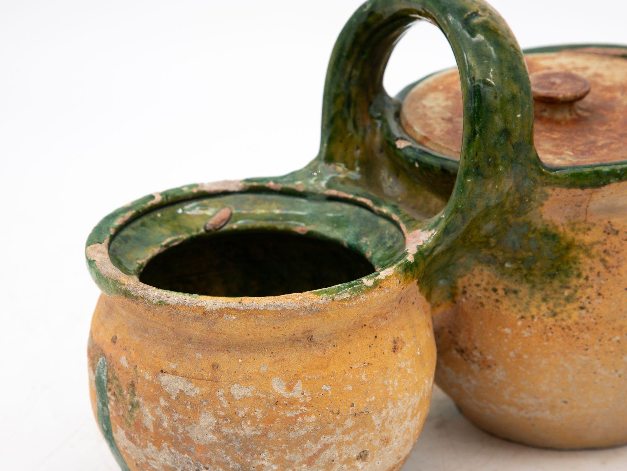 Green Glazed Shepherd's Lunch Holder with Bowls and Handle , France 19th C. For Sale 2