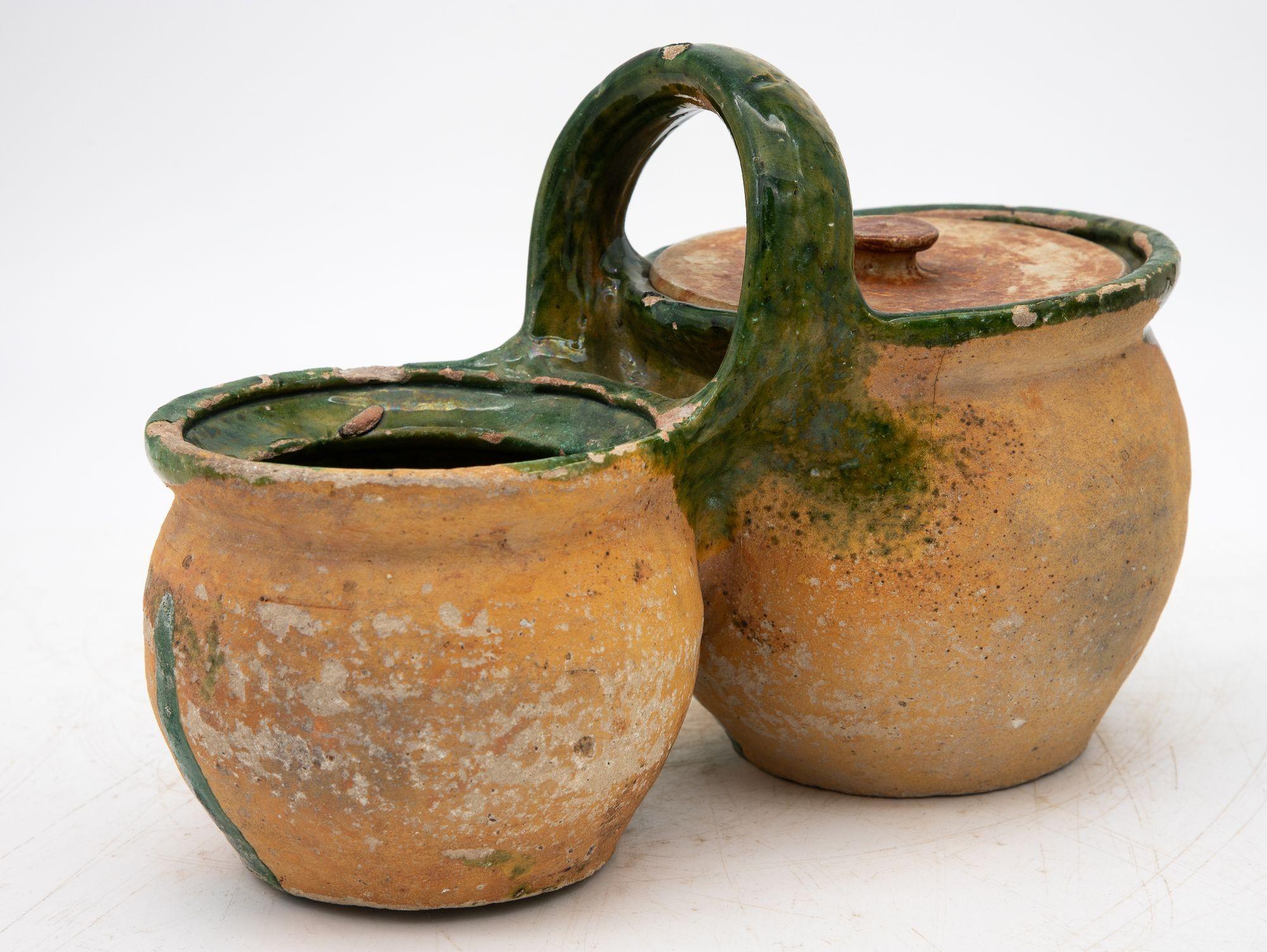 Green Glazed Shepherd's Lunch Holder with Bowls and Handle , France 19th C. For Sale 3