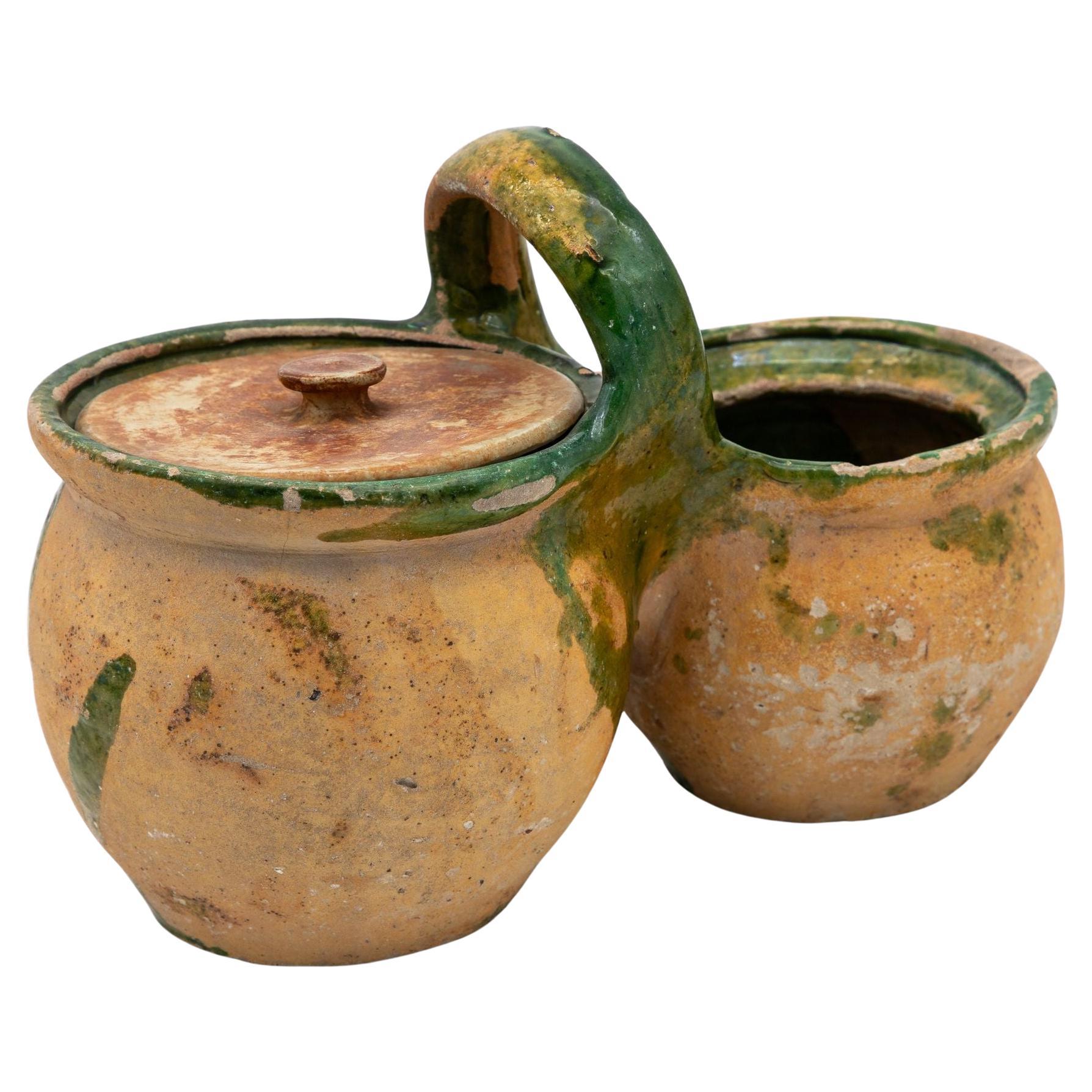 Green Glazed Shepherd's Lunch Holder with Bowls and Handle , France 19th C. For Sale
