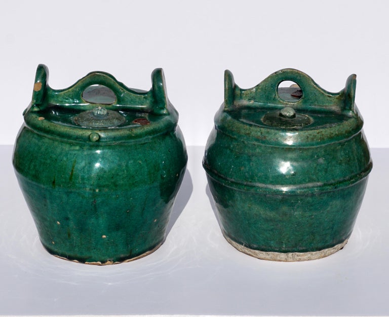 Green Glazed Shiwan Pottery Teapots Qing Dynasty, 'Pair' In Good Condition For Sale In Dallas, TX