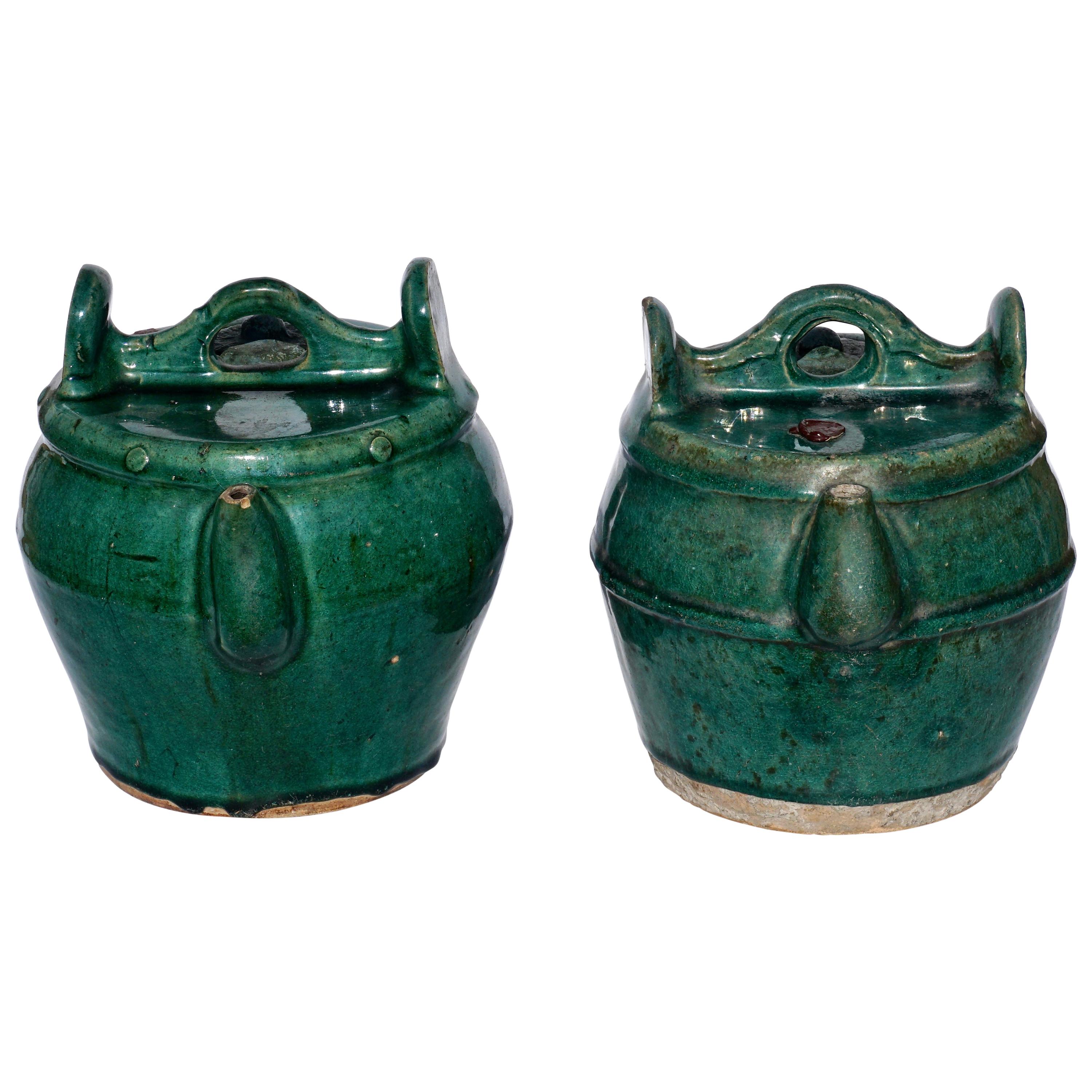 Green Glazed Shiwan Pottery Teapots Qing Dynasty, 'Pair'