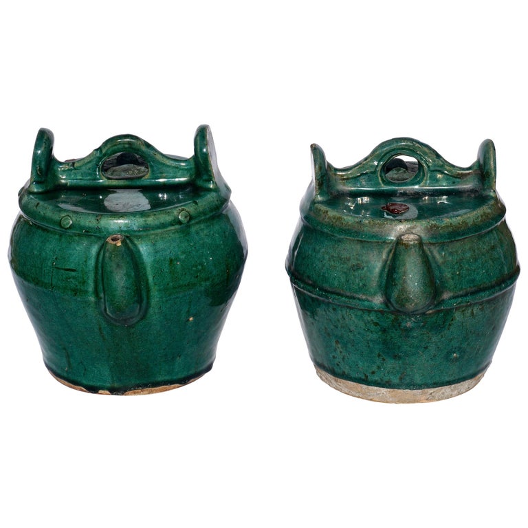 Green Glazed Shiwan Pottery Teapots Qing Dynasty, 'Pair' For Sale