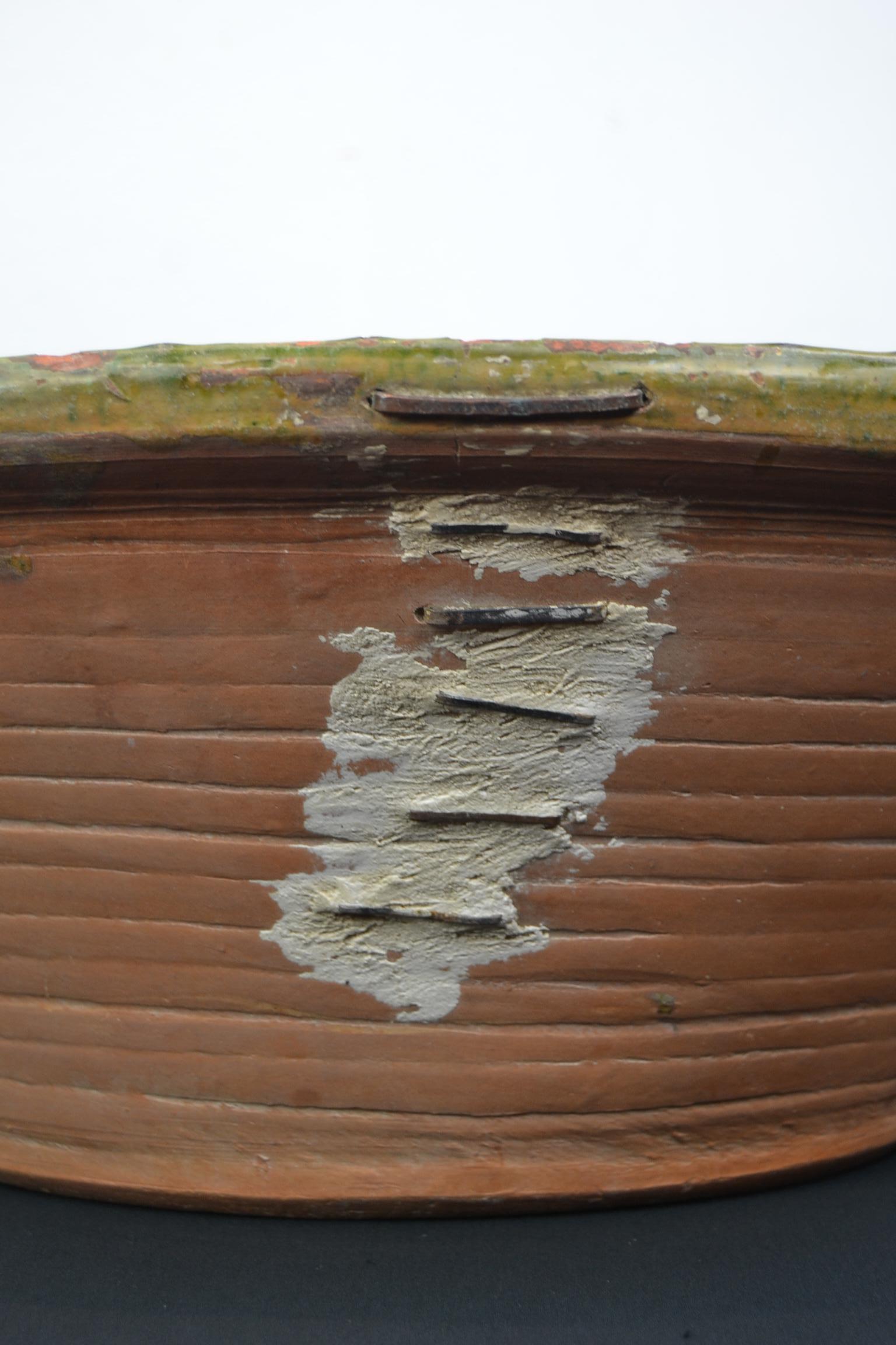 Large Terracotta Bowl, Green Glazed Olive Bowl For Sale 9