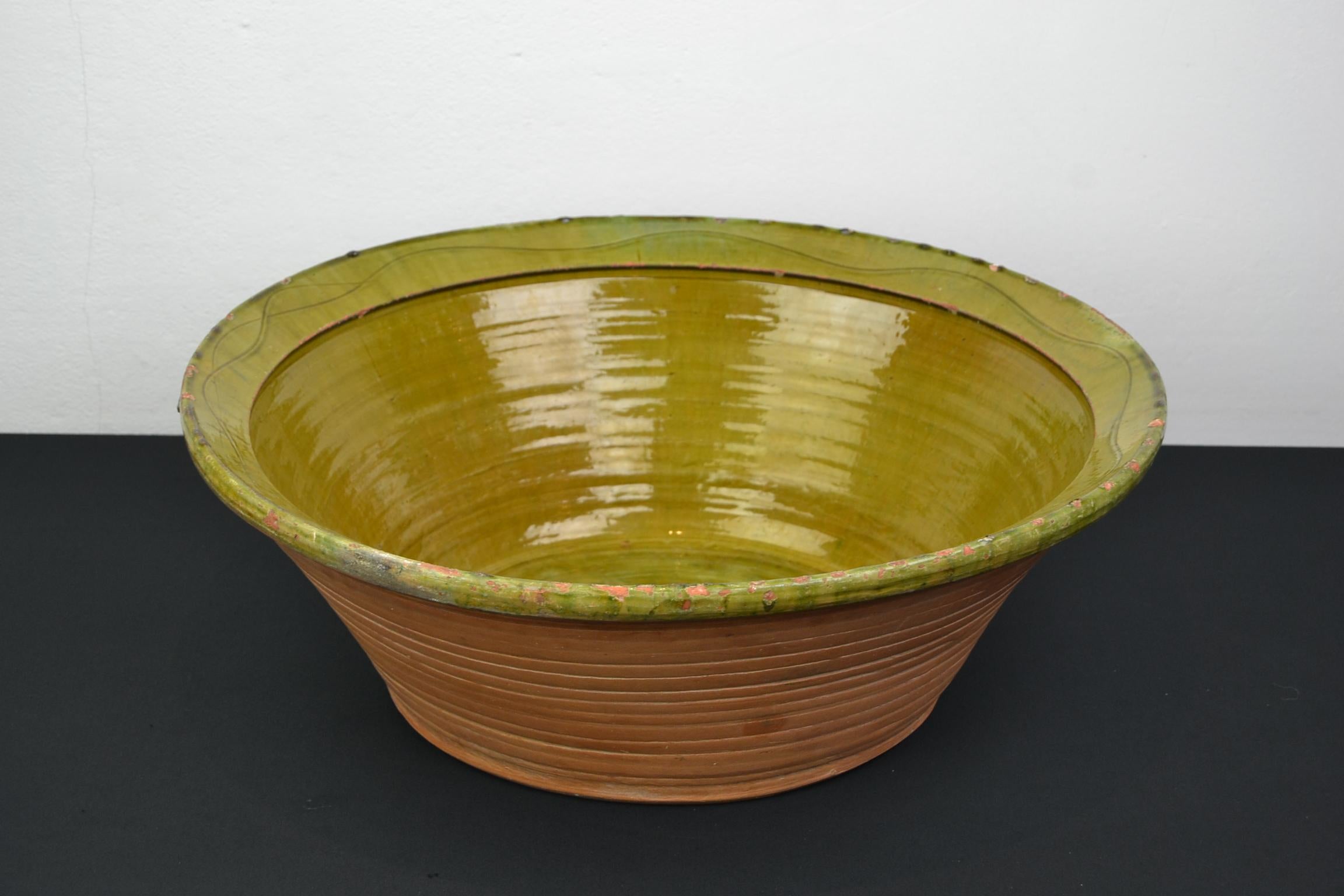 Large Terracotta Bowl, Green Glazed Olive Bowl For Sale 10