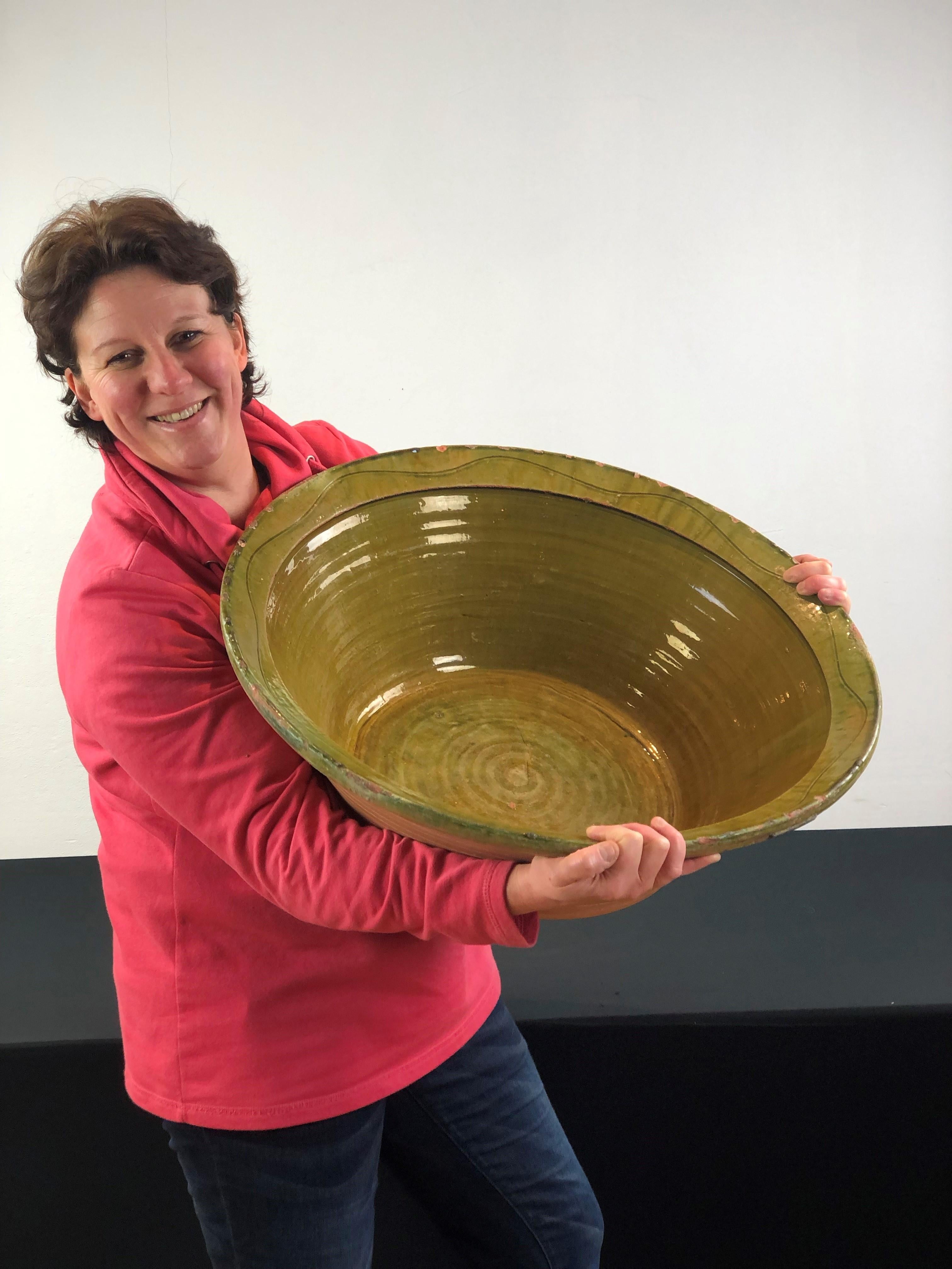 Large Terracotta Bowl, Green Glazed Olive Bowl For Sale 11