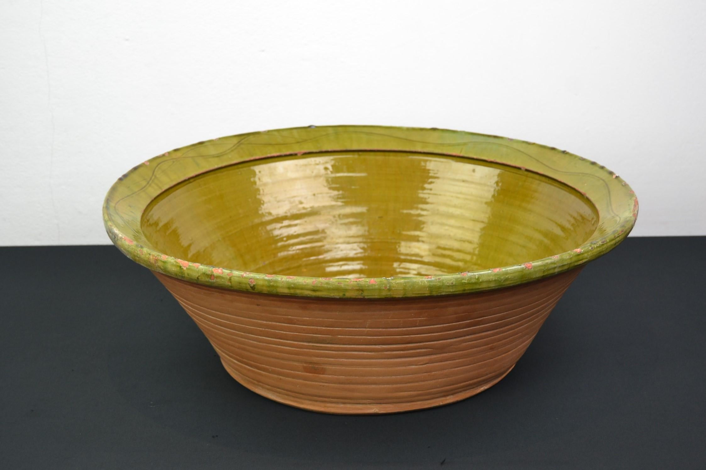 Large Terracotta Bowl, Green Glazed Olive Bowl For Sale 12